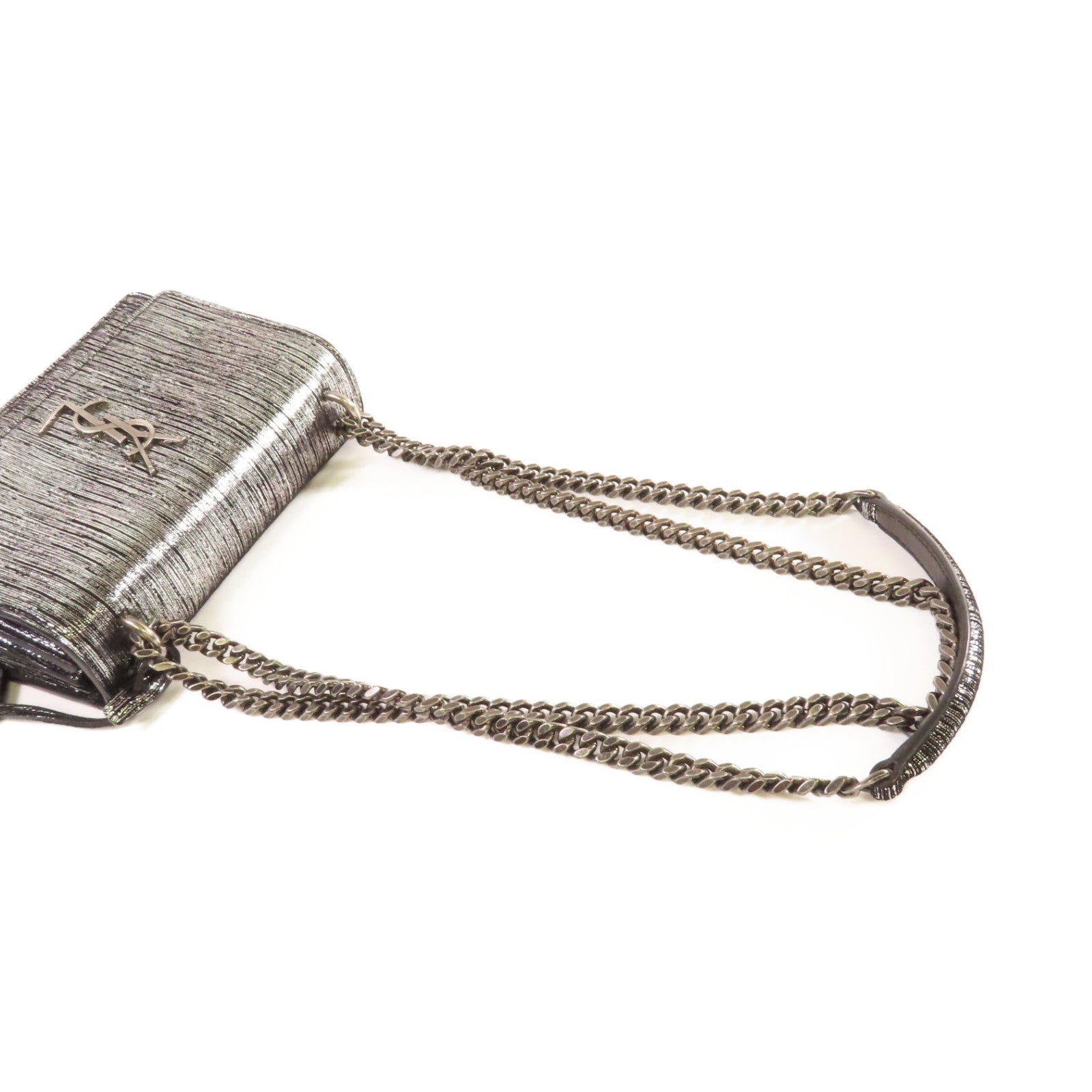 SAINT LAURENT 皮革Chain Shoulder銀扣鏈帶肩背袋銀色