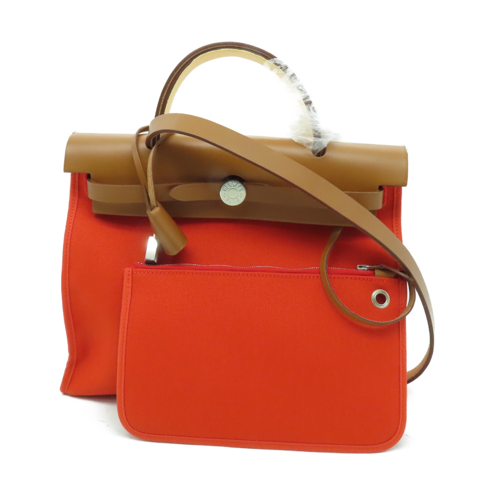 HERMES 【清倉大減價】帆布/皮革Herbag PM銀扣手挽肩背兩用袋罌粟橙色/經典駝色
