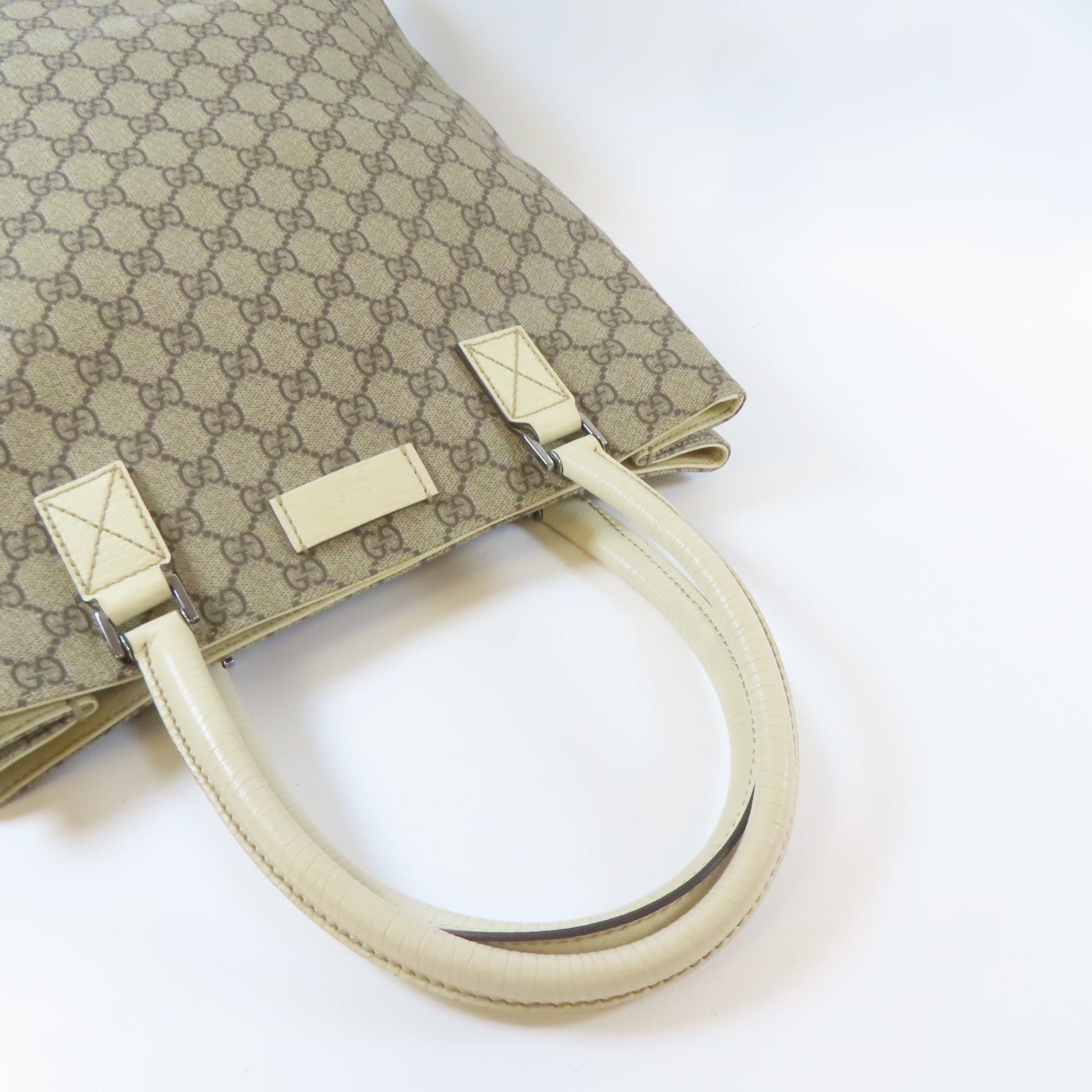 GUCCI 塗層帆布/皮革Tote Bag銀扣手挽袋啡色/白色