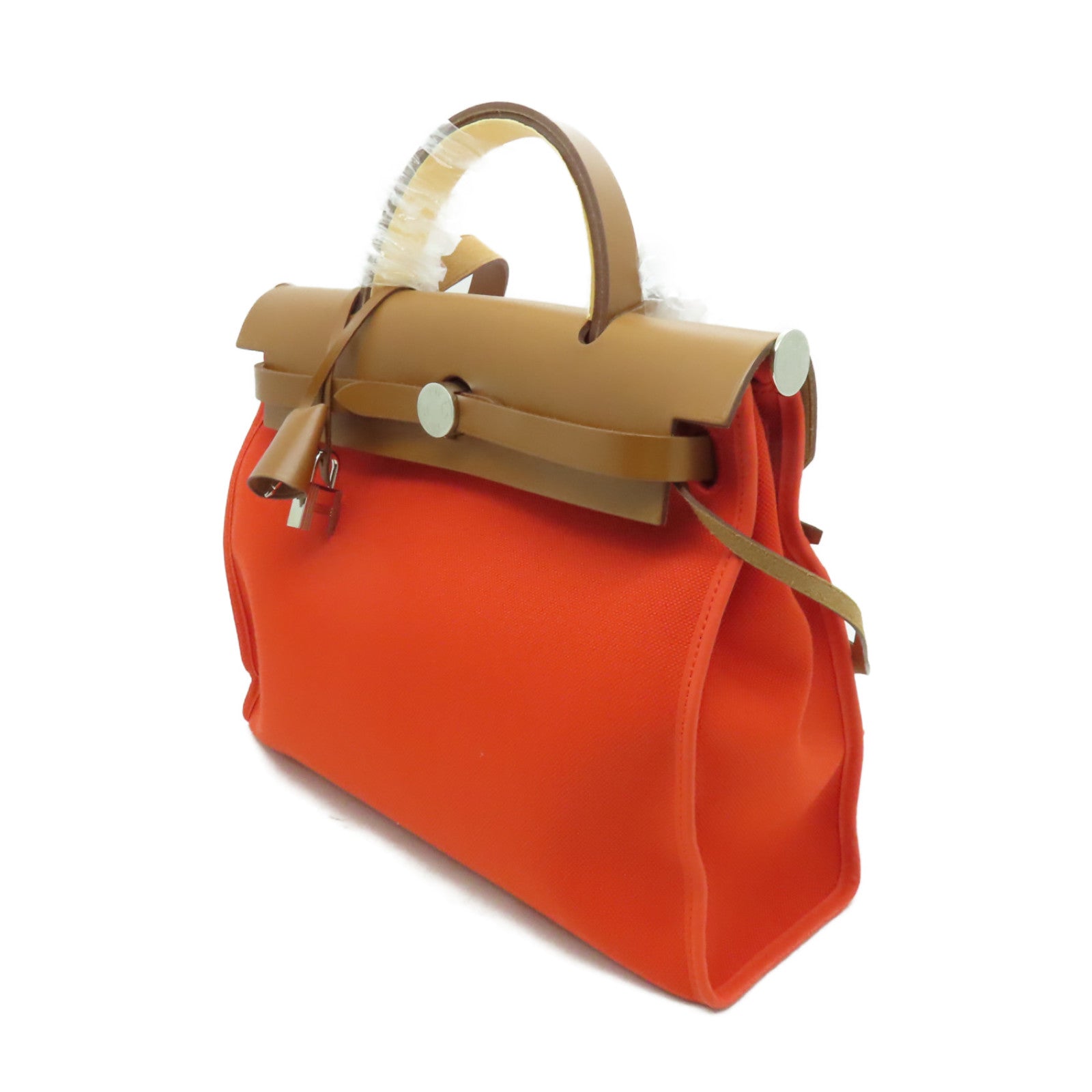 HERMES 【清倉大減價】帆布/皮革Herbag PM銀扣手挽肩背兩用袋罌粟橙色/經典駝色