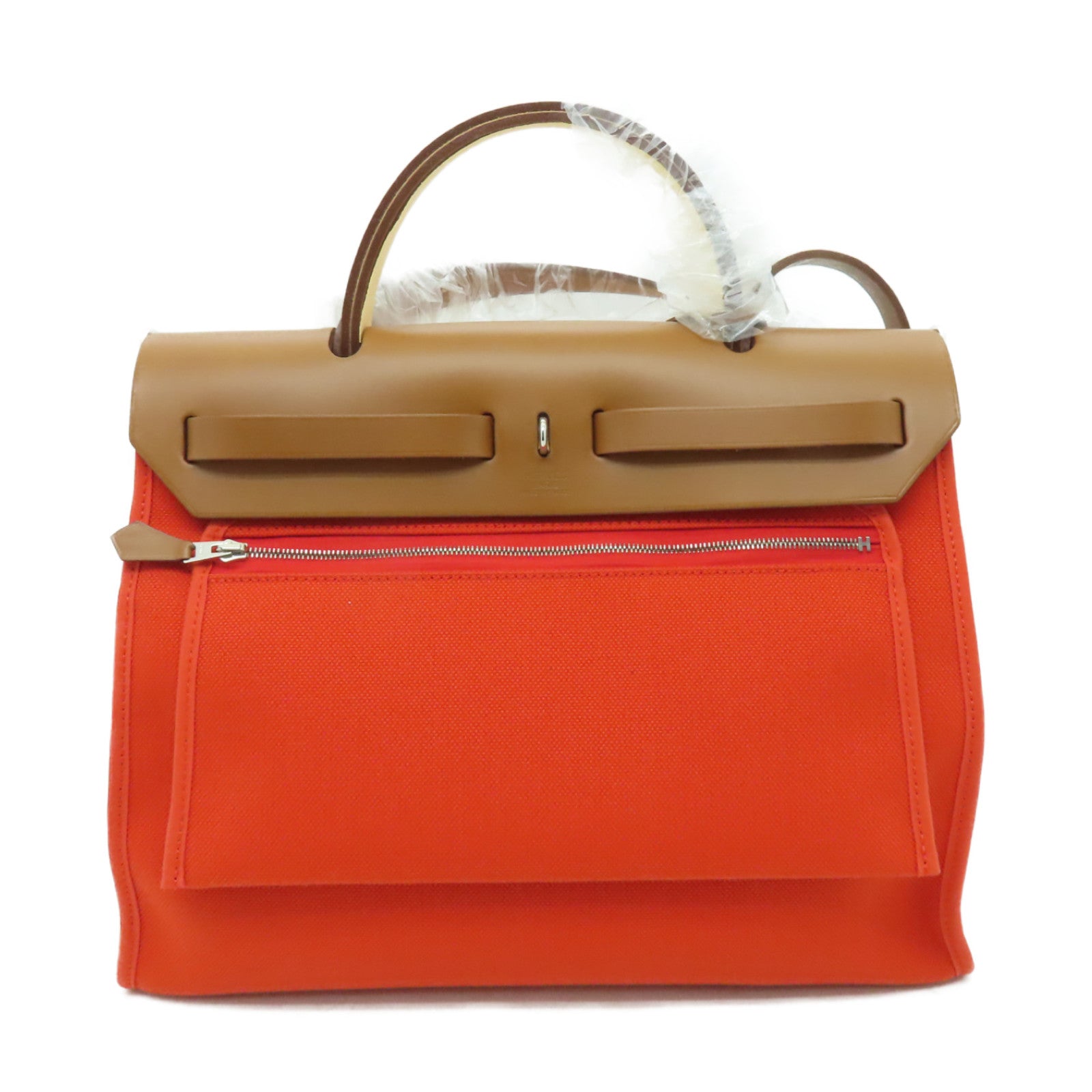 HERMES 【清倉大減價】帆布/皮革Herbag PM銀扣手挽肩背兩用袋罌粟橙色/經典駝色