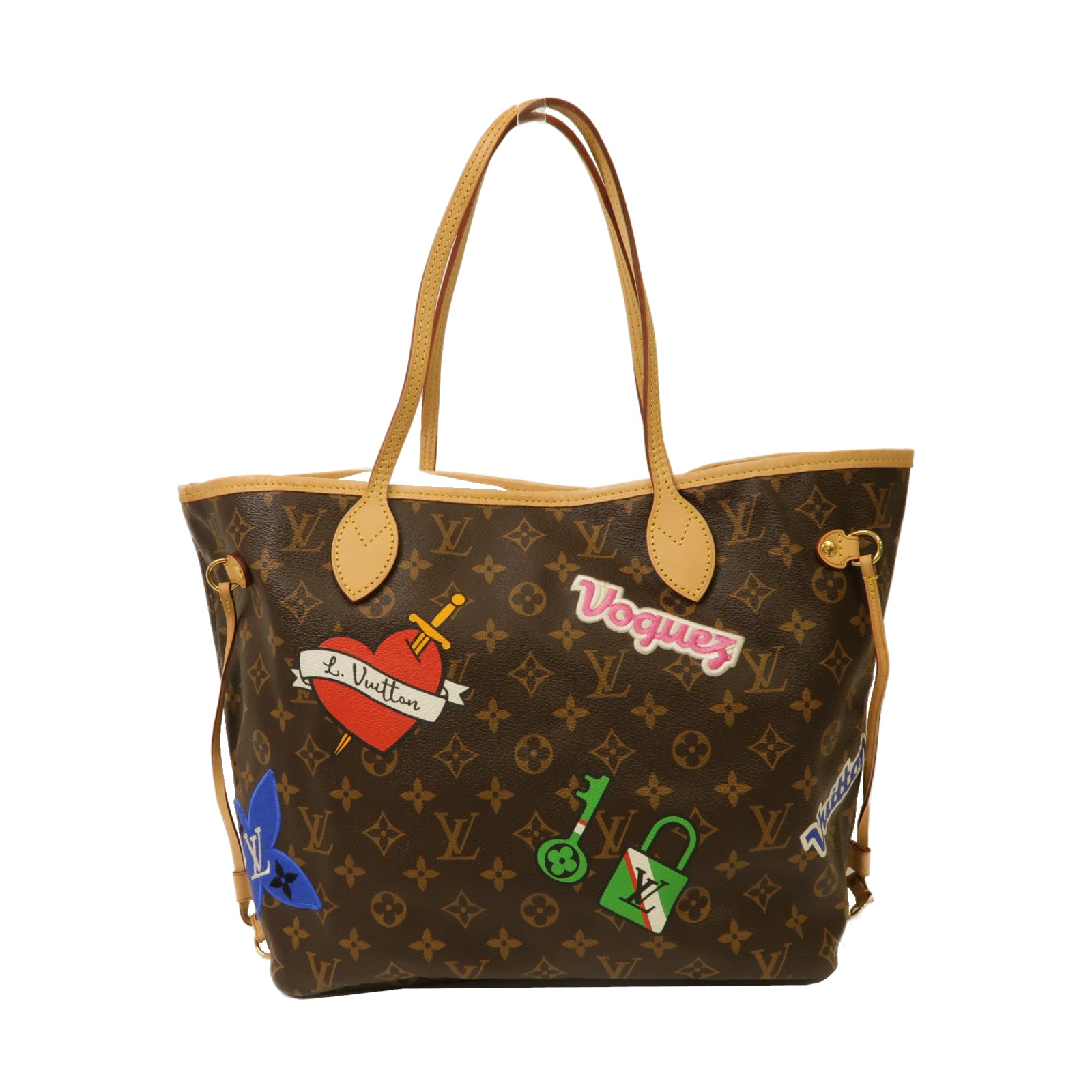 LOUIS VUITTON Monogram Patches Neverfull MM金扣手挽袋啡色