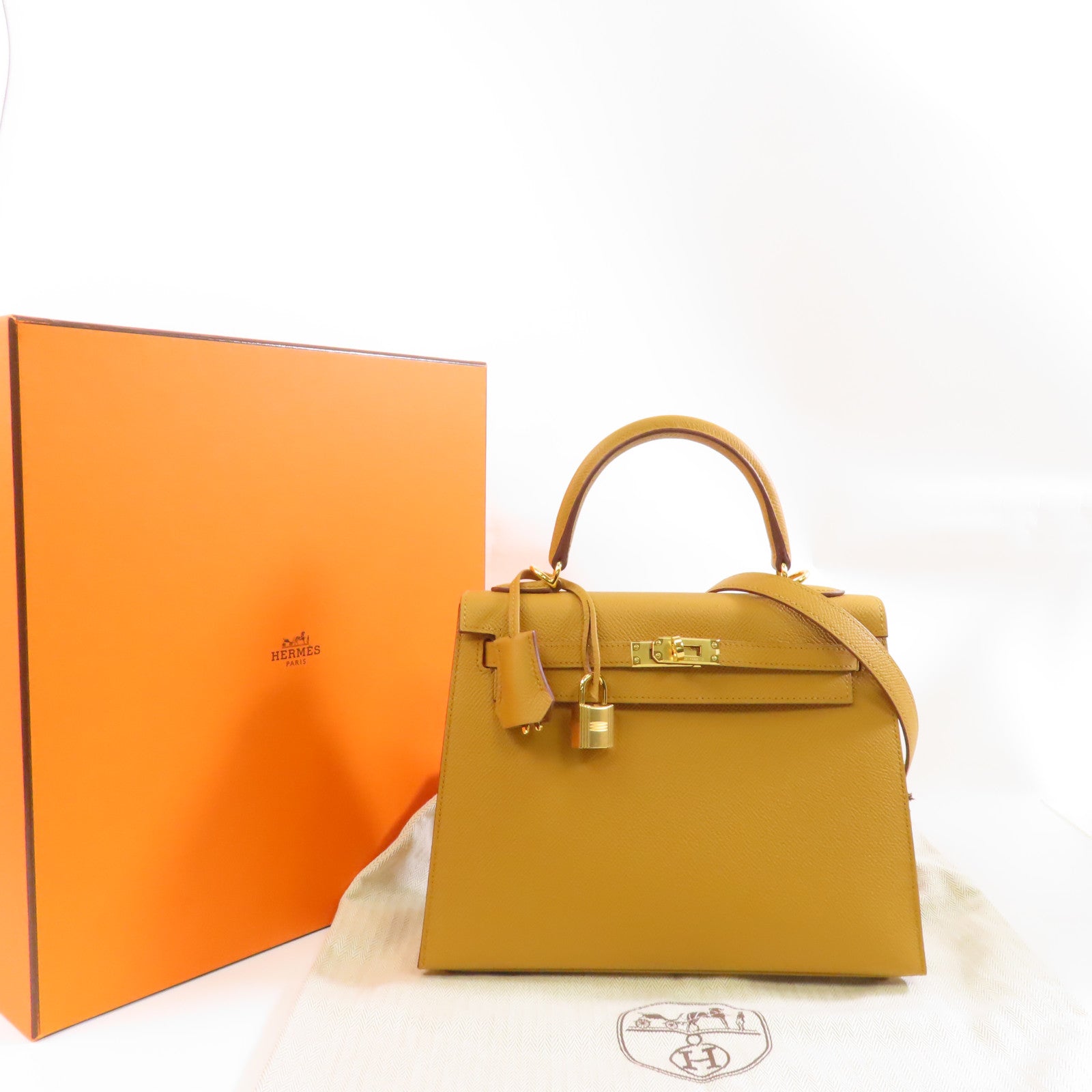 HERMES 【激減優惠】Epsom皮革Kelly 25金扣手挽肩背兩用袋Sesame/啡色