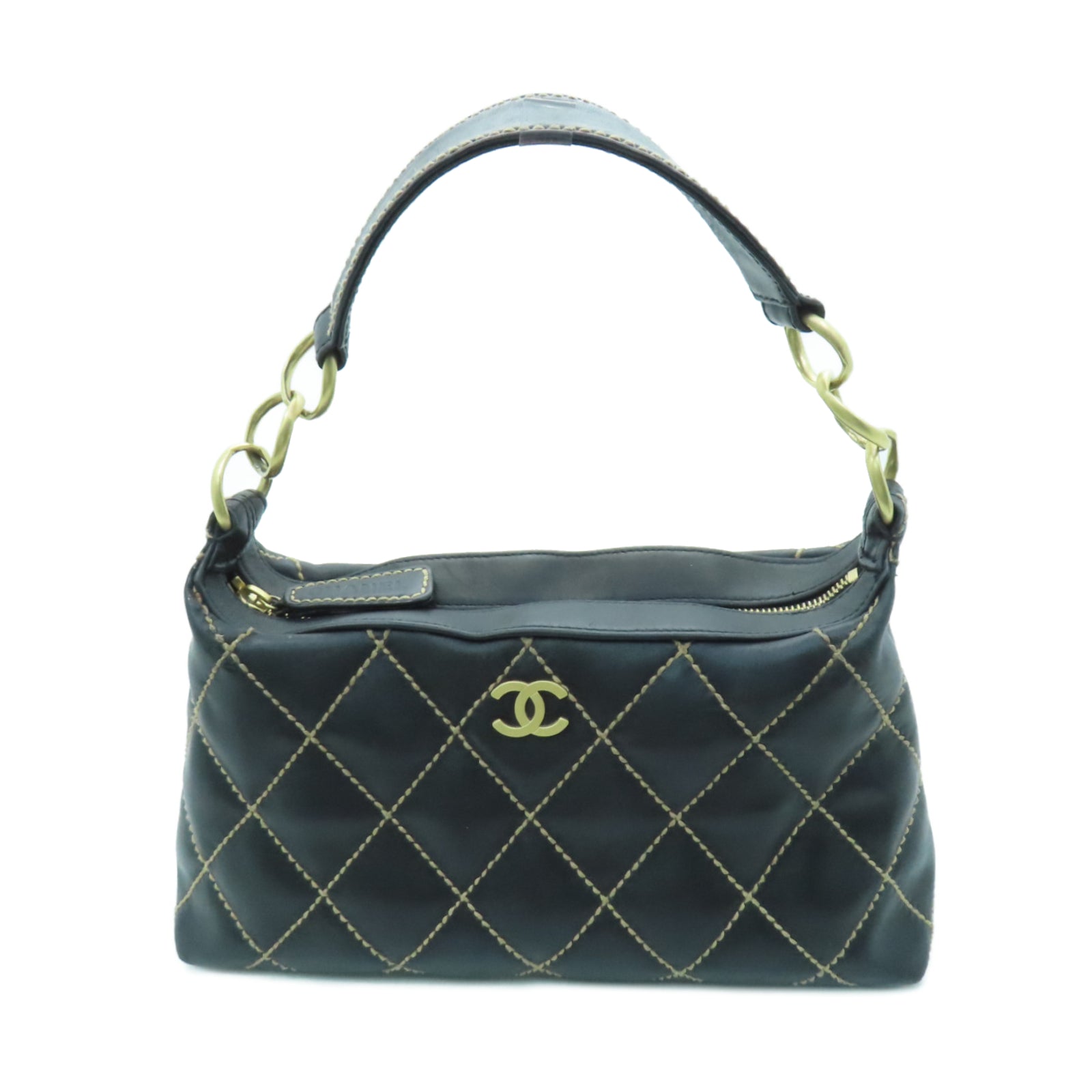 CHANEL rhombic cowhide leather Handbag gold buckle hand bag black
