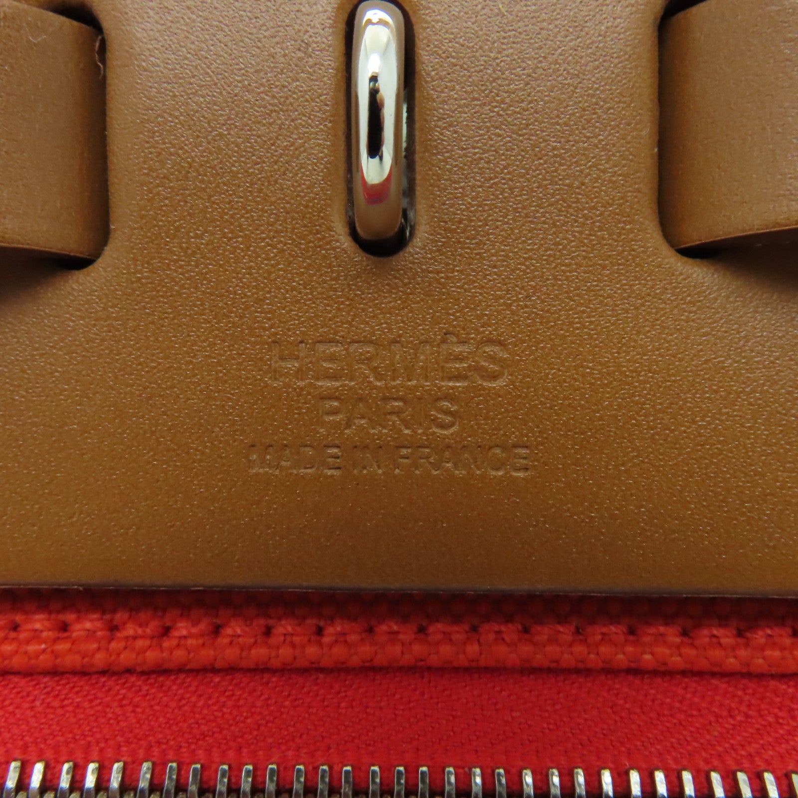 HERMES 【清倉大減價】帆布/皮革Herbag PM銀扣手挽肩背兩用袋罌粟橙色/經典駝色