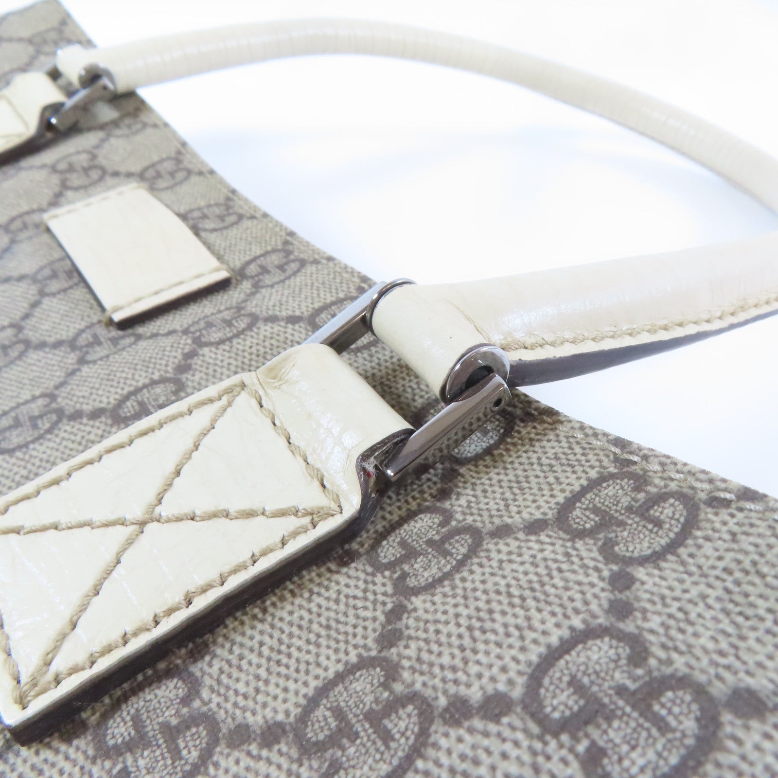 GUCCI 塗層帆布/皮革Tote Bag銀扣手挽袋啡色/白色