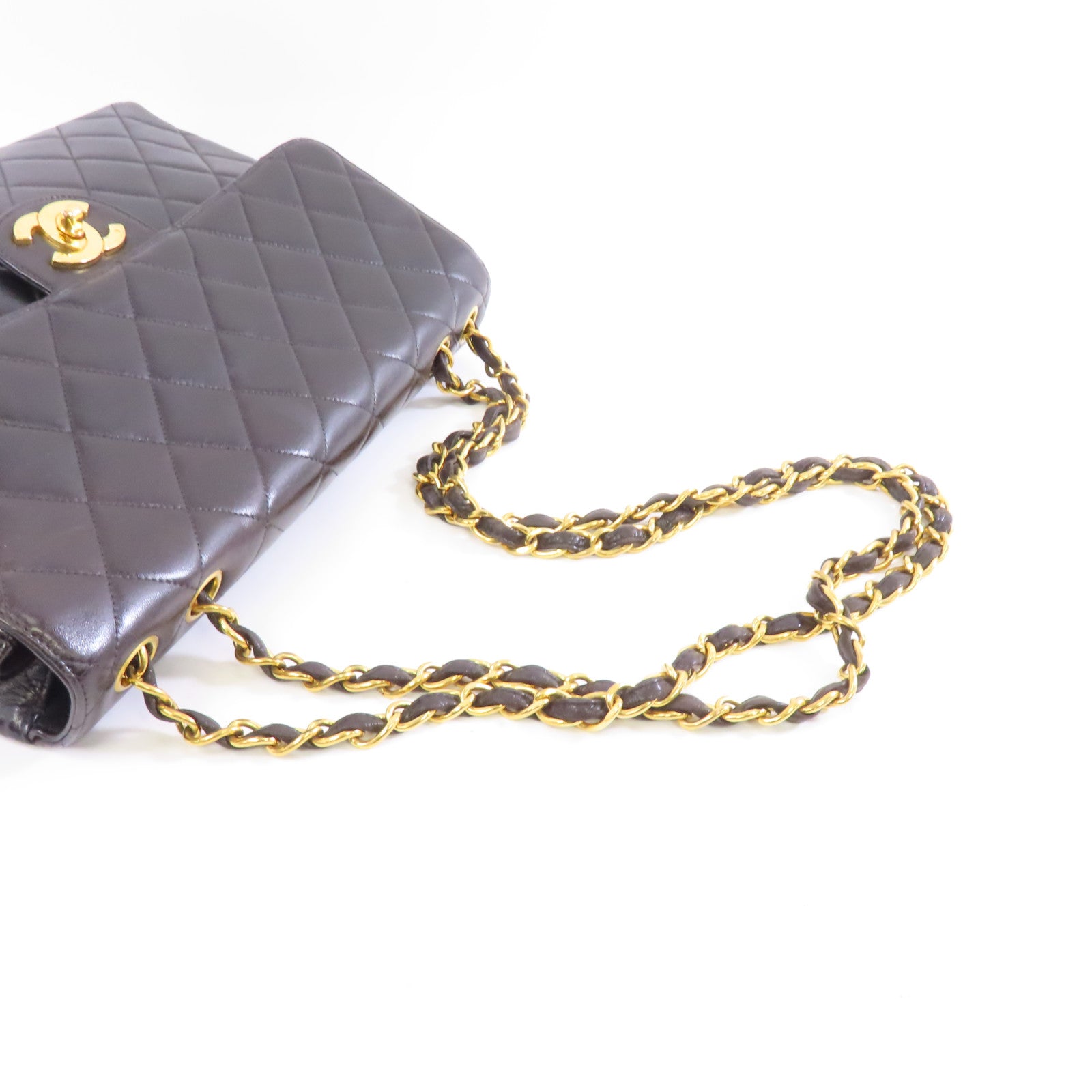 CHANEL 菱格羊皮皮革Chain Shoulder金扣鏈帶肩背袋黑色
