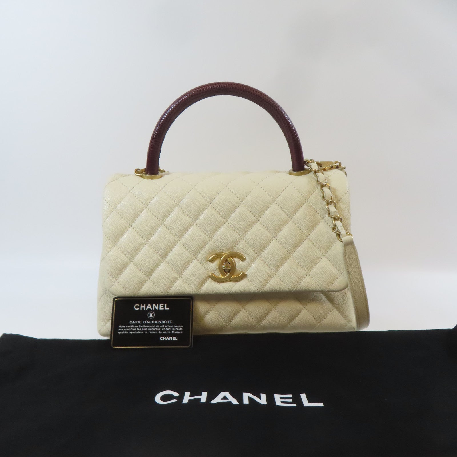 CHANEL 【激減優惠】菱格牛皮皮革Coco Handle金扣鏈帶手挽肩背兩用袋白色