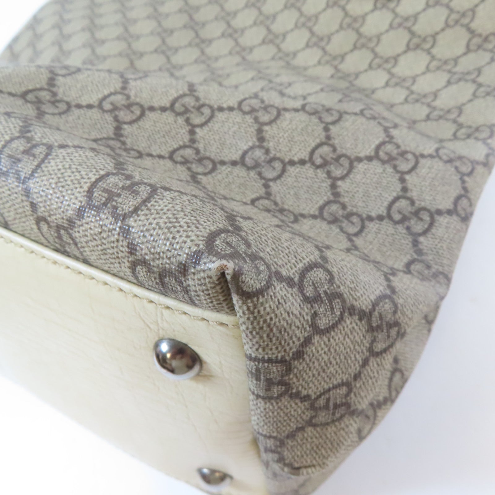 GUCCI 塗層帆布/皮革Tote Bag銀扣手挽袋啡色/白色