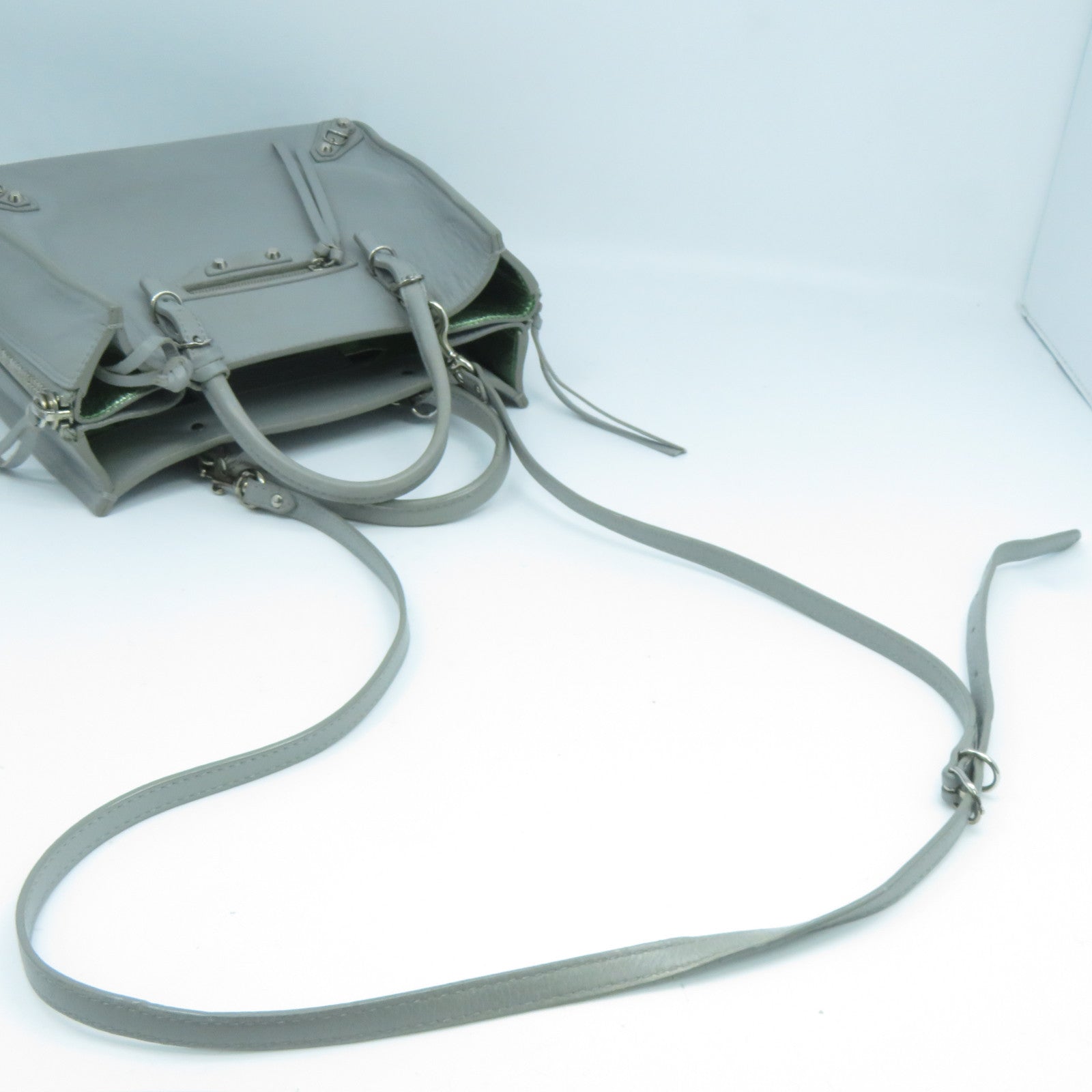 BALENCIAGA 【激減優惠】羊皮皮革Mini Zip Papier銀扣手挽肩背兩用袋灰色