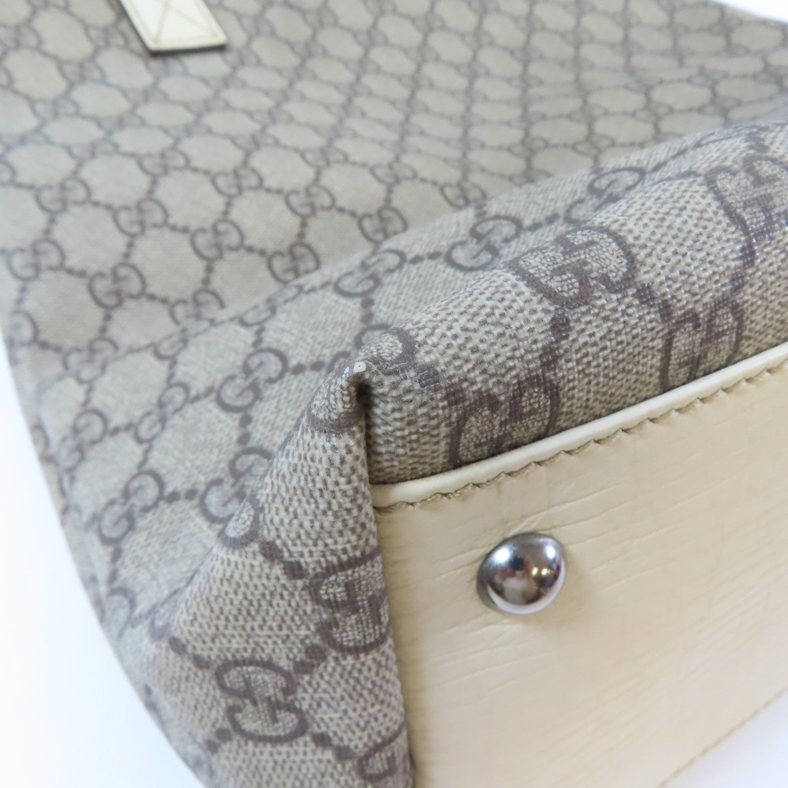 GUCCI 塗層帆布/皮革Tote Bag銀扣手挽袋啡色/白色