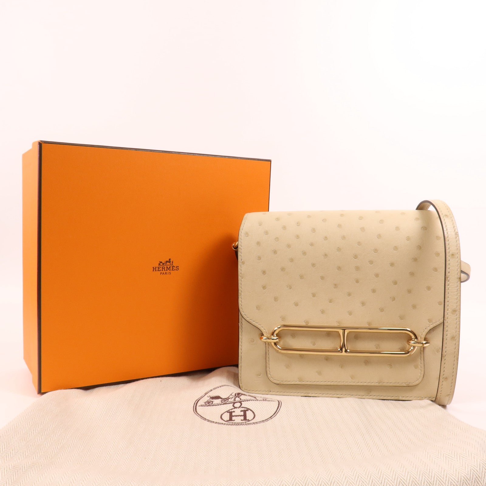 HERMES Ostrich皮革Mini Roulis金扣肩背袋Vanille