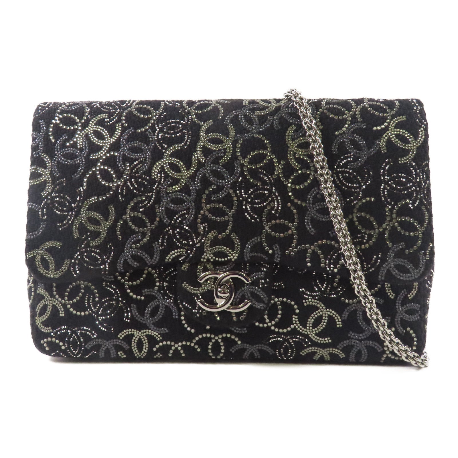 CHANEL 帆布Chain Shoulder銀扣鏈帶肩背袋
