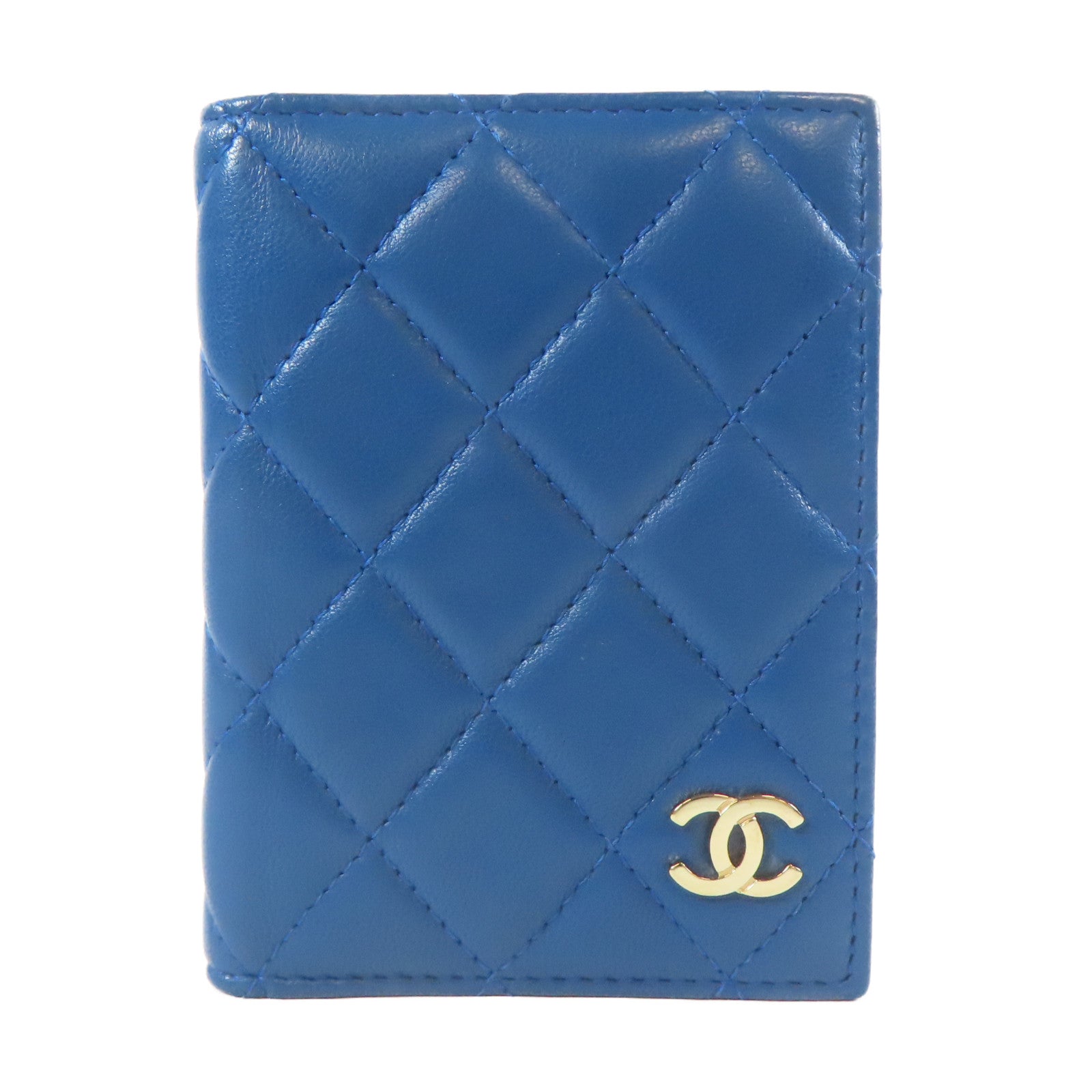 CHANEL 菱格羊皮皮革Card Case金扣卡片套藍色