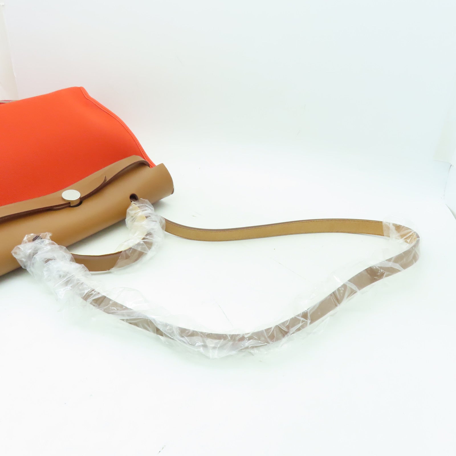 HERMES 【清倉大減價】帆布/皮革Herbag PM銀扣手挽肩背兩用袋罌粟橙色/經典駝色