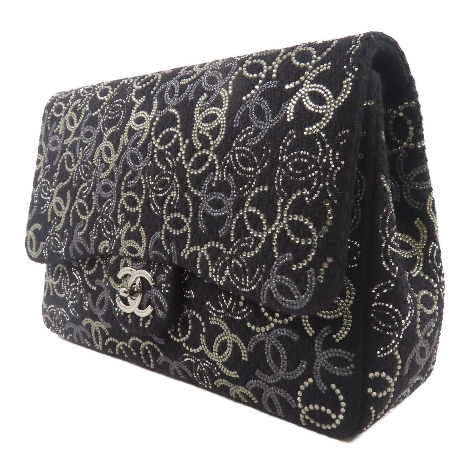 CHANEL 帆布Chain Shoulder銀扣鏈帶肩背袋