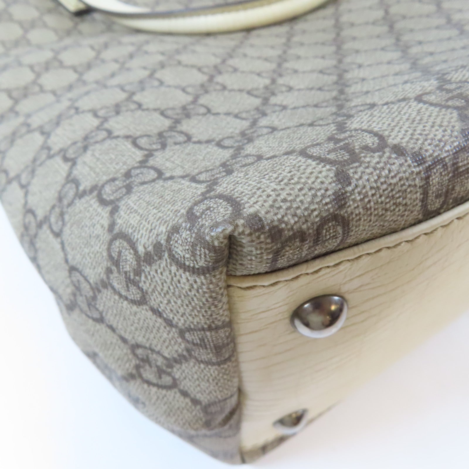 GUCCI 塗層帆布/皮革Tote Bag銀扣手挽袋啡色/白色