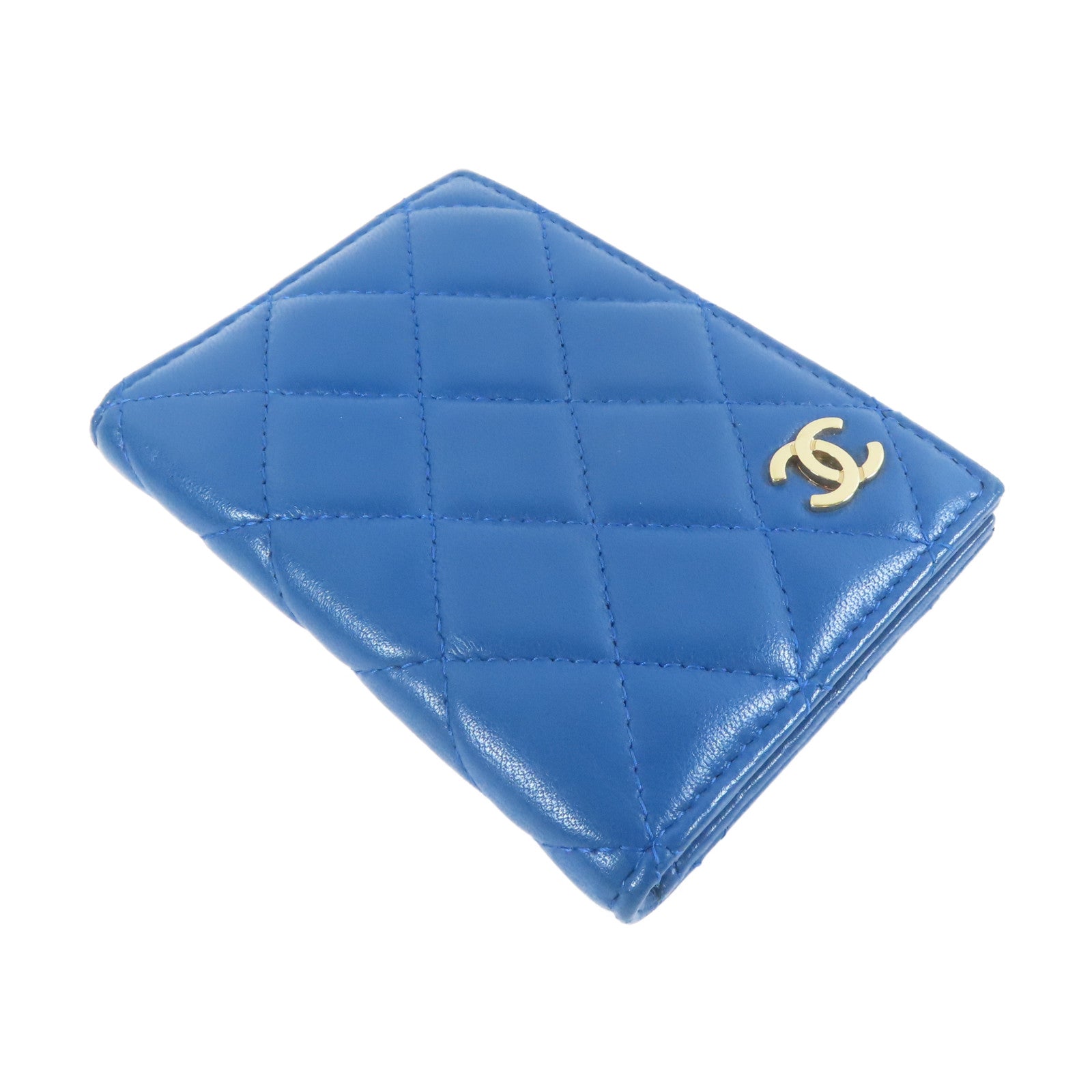 CHANEL 菱格羊皮皮革Card Case金扣卡片套藍色