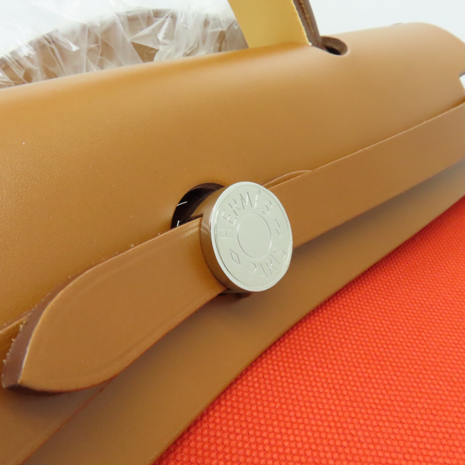 HERMES 【清倉大減價】帆布/皮革Herbag PM銀扣手挽肩背兩用袋罌粟橙色/經典駝色