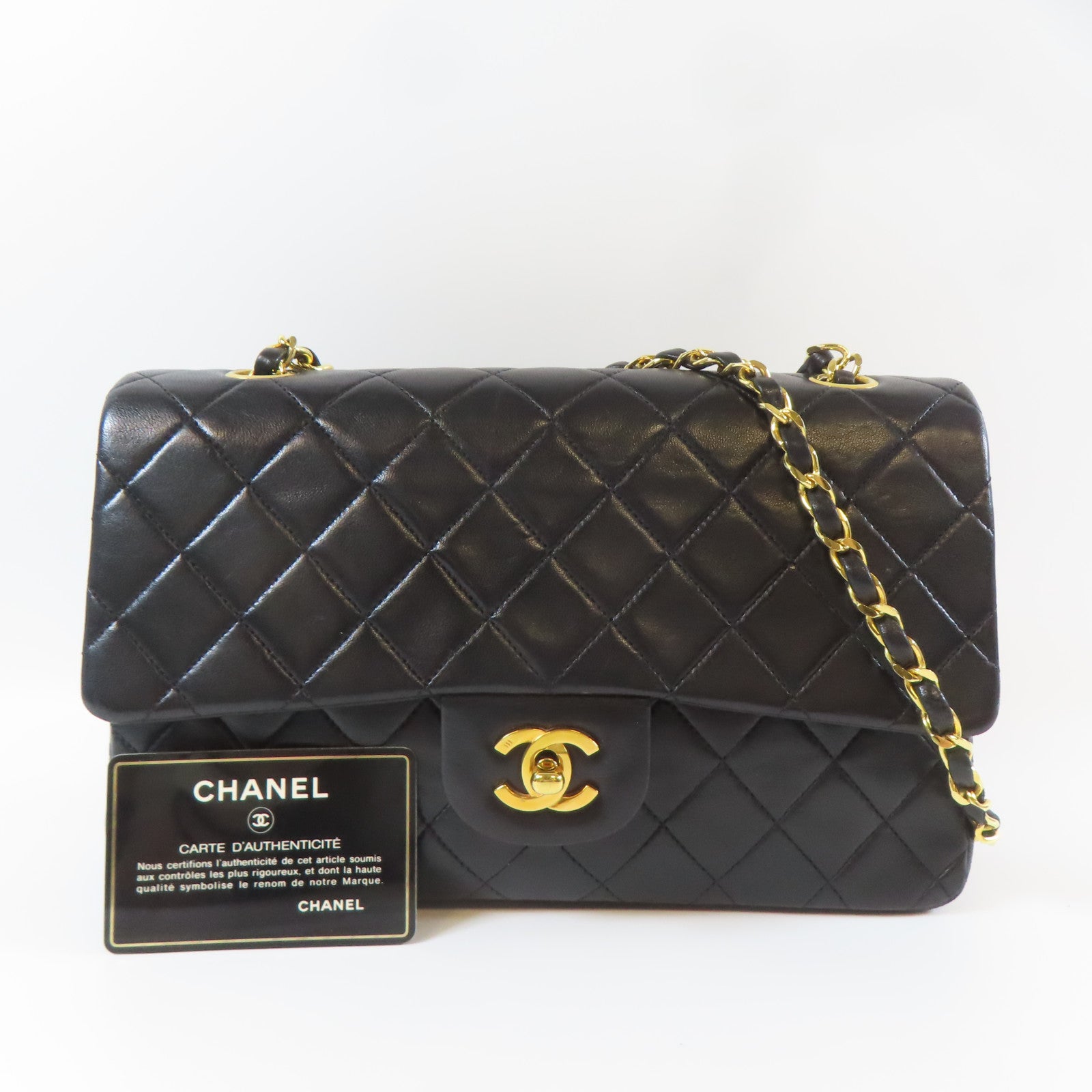 CHANEL 菱格羊皮皮革Chain Shoulder金扣鏈帶肩背袋黑色