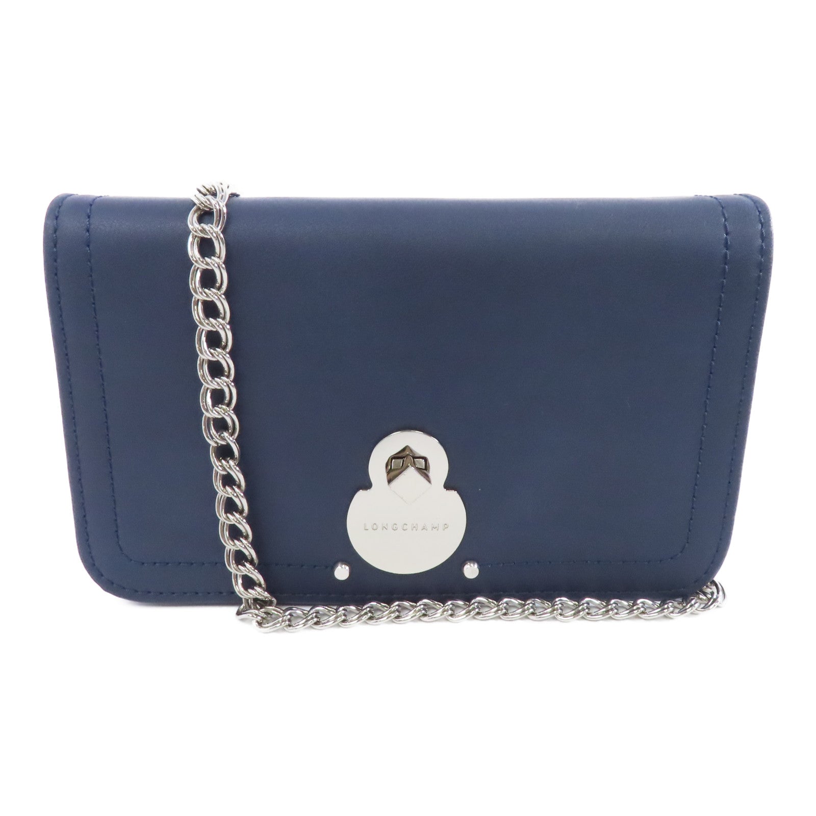 Longchamp 【激減優惠】牛皮皮革Chain Shoulder銀扣鏈帶肩背袋深藍色