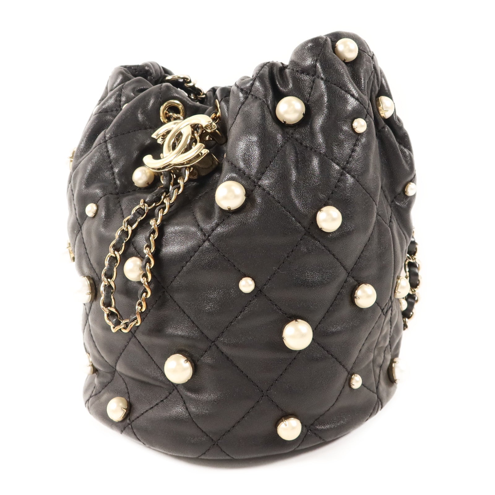 CHANEL 羊皮皮革/珍珠Pearl Bucket Bag金扣鏈帶肩背袋
