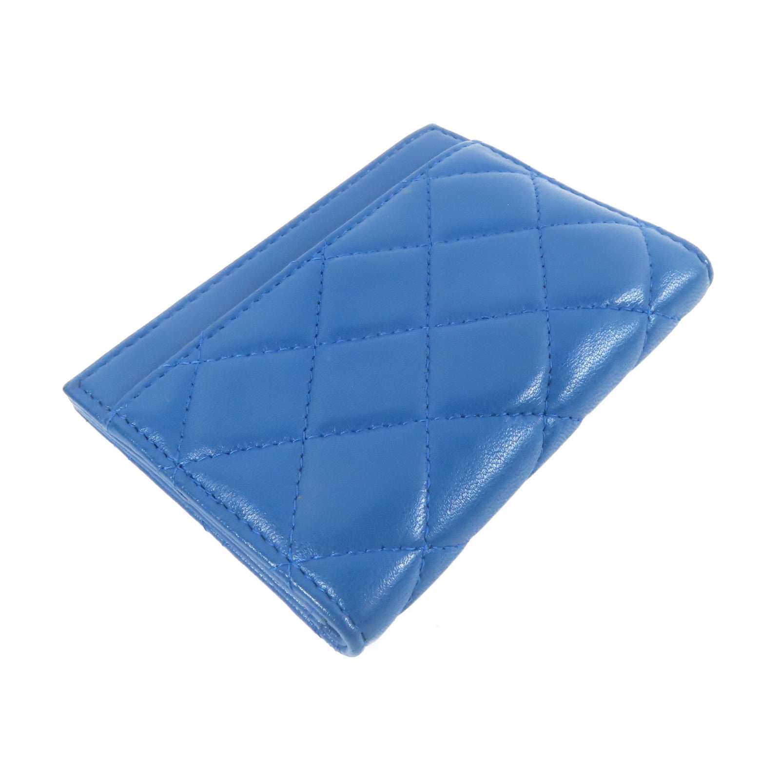 CHANEL 菱格羊皮皮革Card Case金扣卡片套藍色