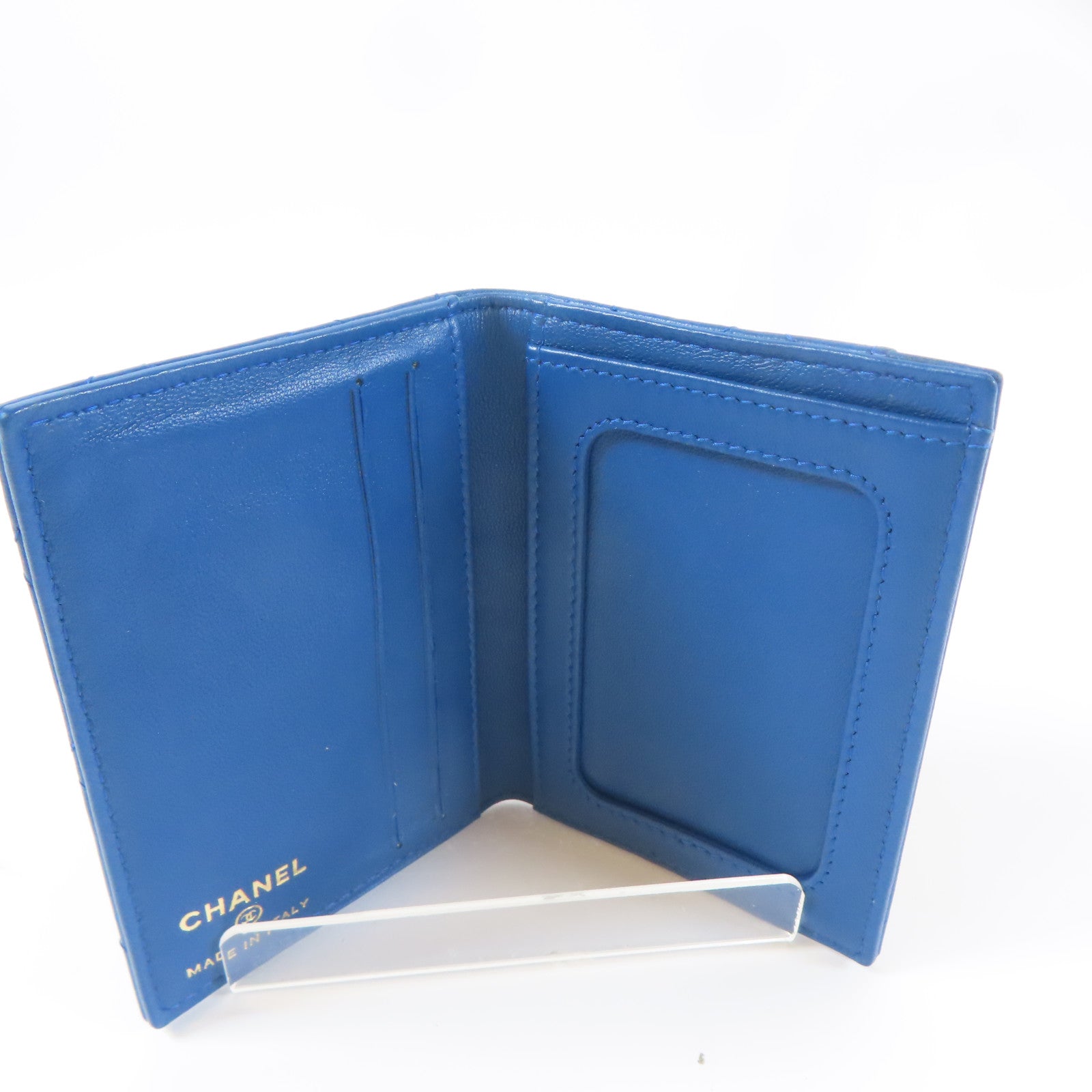 CHANEL 菱格羊皮皮革Card Case金扣卡片套藍色