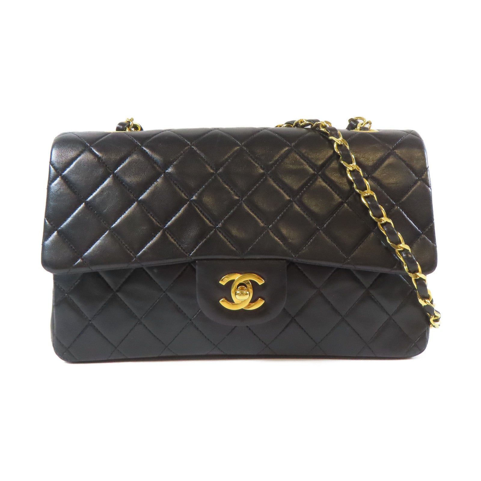 CHANEL 菱格羊皮皮革Chain Shoulder金扣鏈帶肩背袋黑色