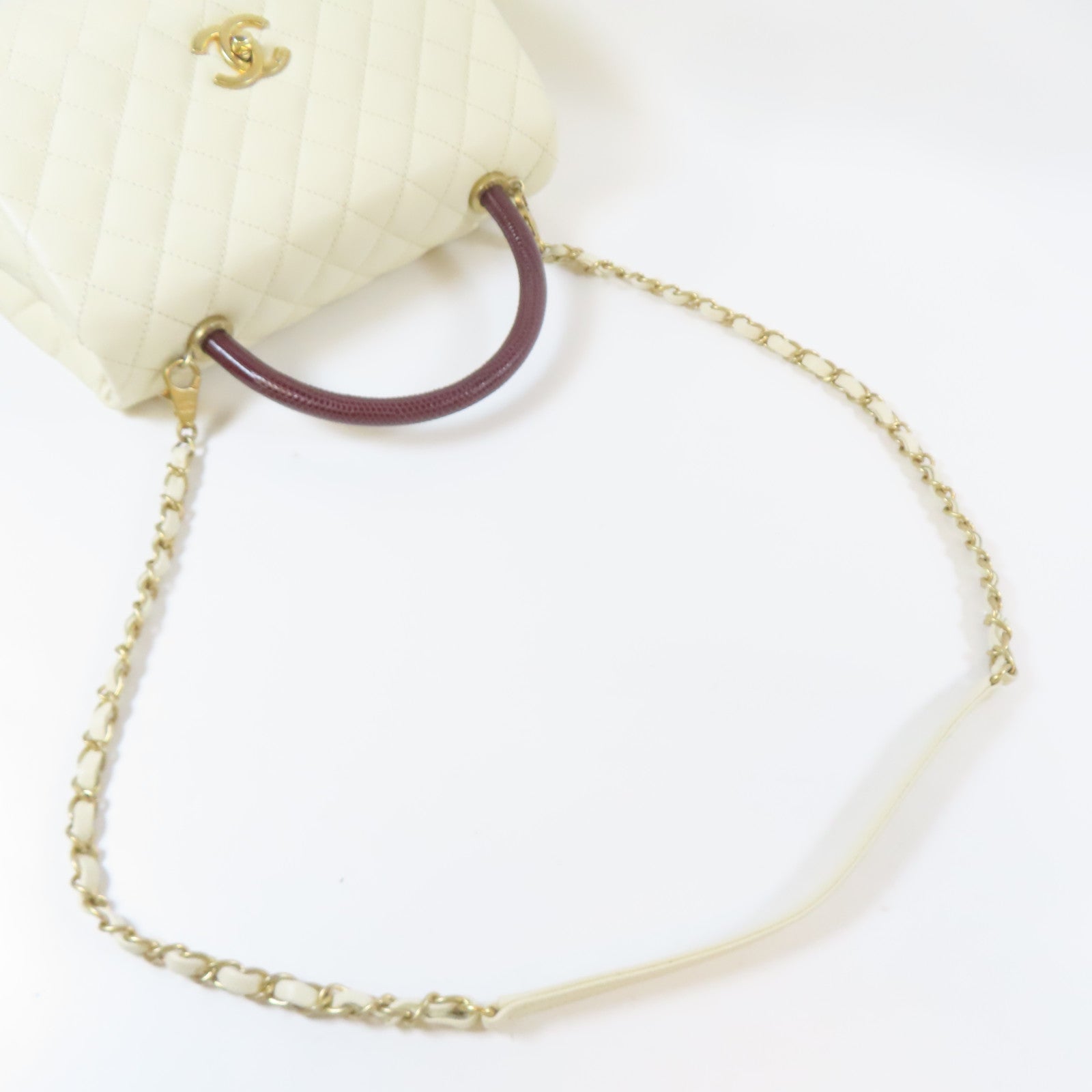 CHANEL 【激減優惠】菱格牛皮皮革Coco Handle金扣鏈帶手挽肩背兩用袋白色