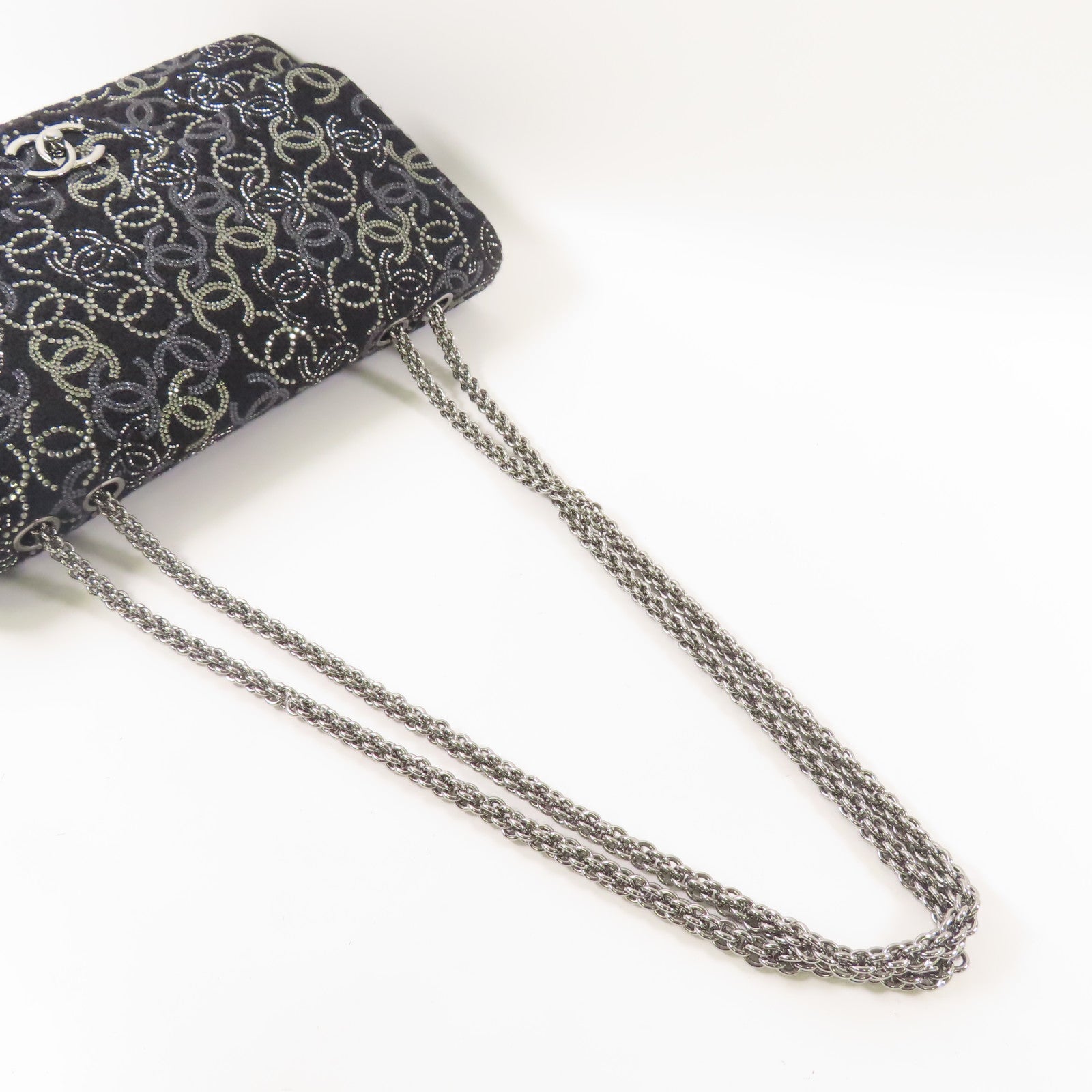 CHANEL 帆布Chain Shoulder銀扣鏈帶肩背袋