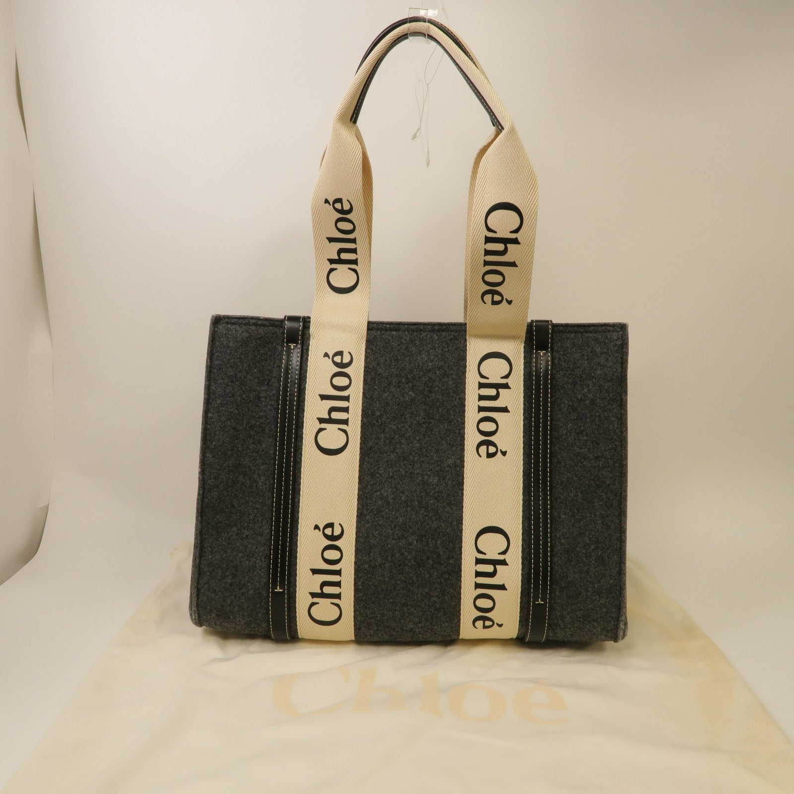 Chloe 【激減優惠】毛氈Woody Medium Tote金扣手挽袋灰色