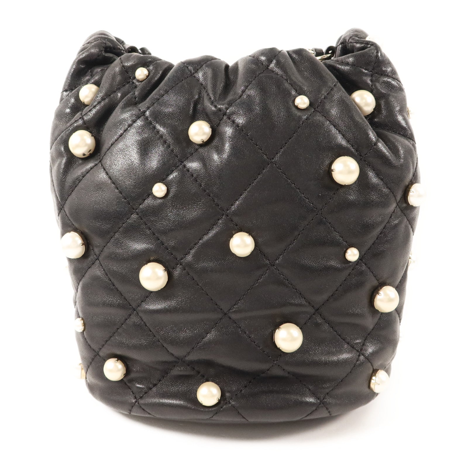 CHANEL 羊皮皮革/珍珠Pearl Bucket Bag金扣鏈帶肩背袋