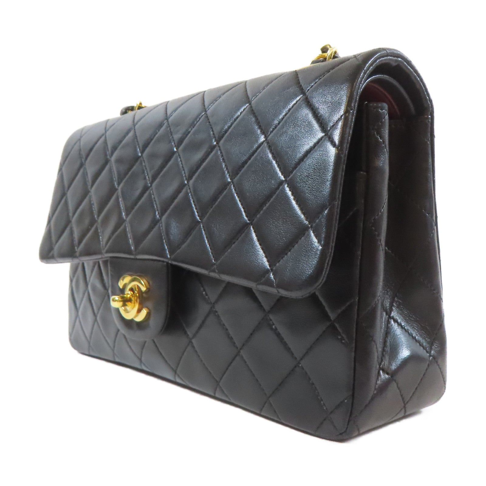 CHANEL 菱格羊皮皮革Chain Shoulder金扣鏈帶肩背袋黑色