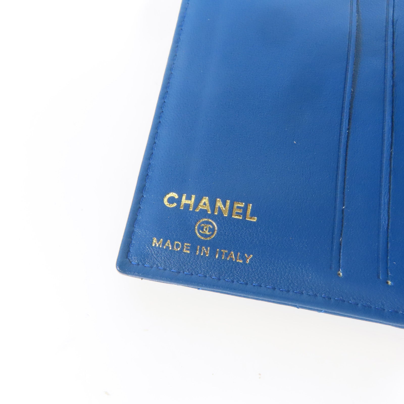 CHANEL 菱格羊皮皮革Card Case金扣卡片套藍色