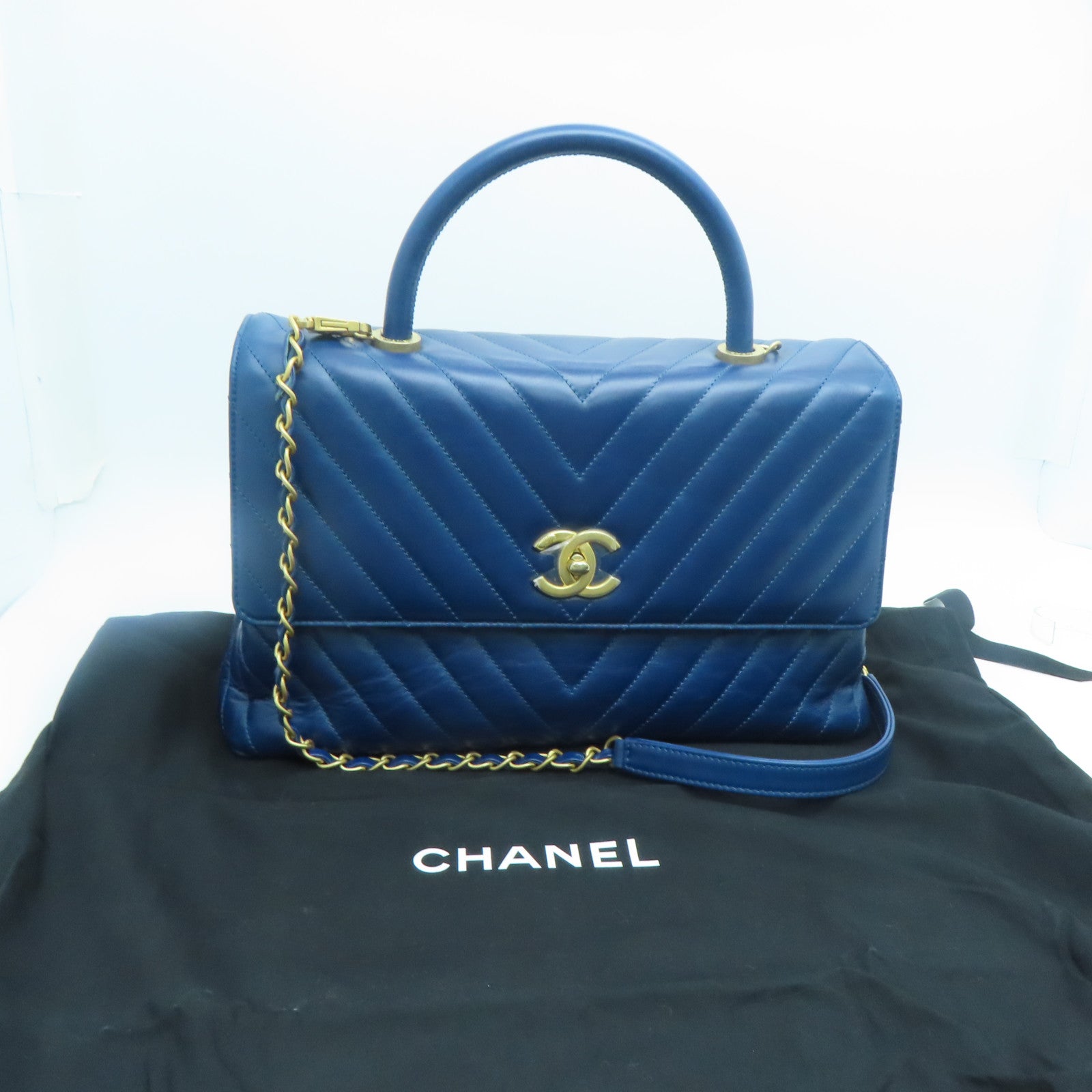 CHANEL 【清倉大減價】斜紋牛皮皮革Coco Handle金扣手挽肩背兩用袋藍色