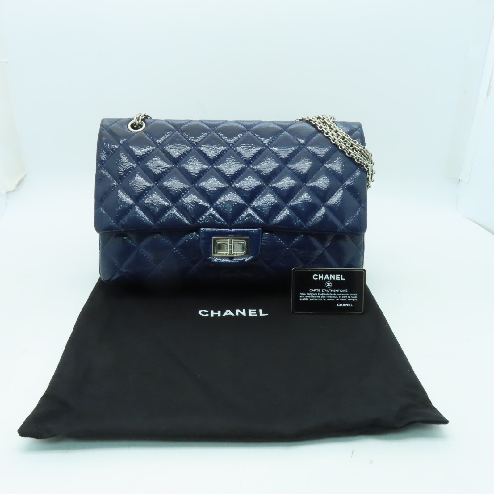 CHANEL 【清倉大減價】菱格漆皮皮革2.55銀扣鏈帶肩背袋藍色