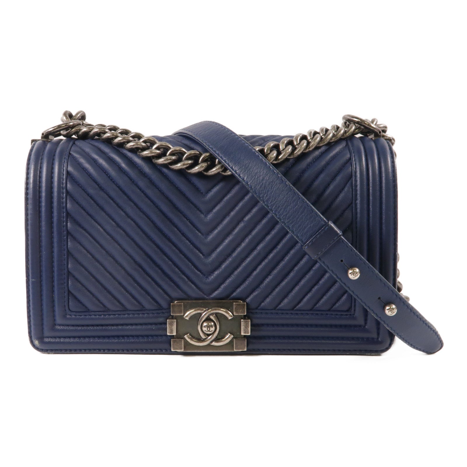 CHANEL CC Chevron Boy 25 Chain Shoulder Bag Calfskin Leather Blue