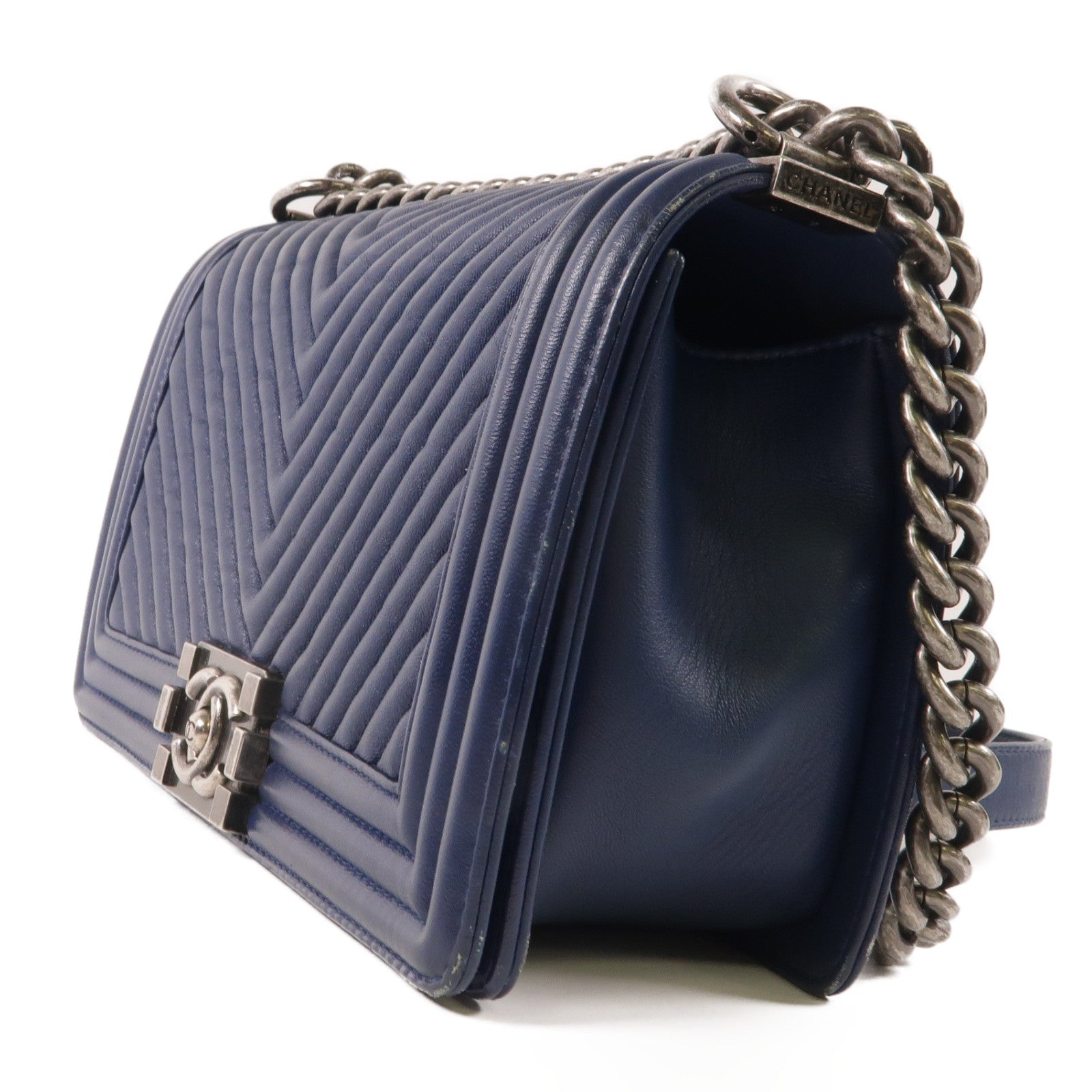CHANEL CC Chevron Boy 25 Chain Shoulder Bag Calfskin Leather Blue
