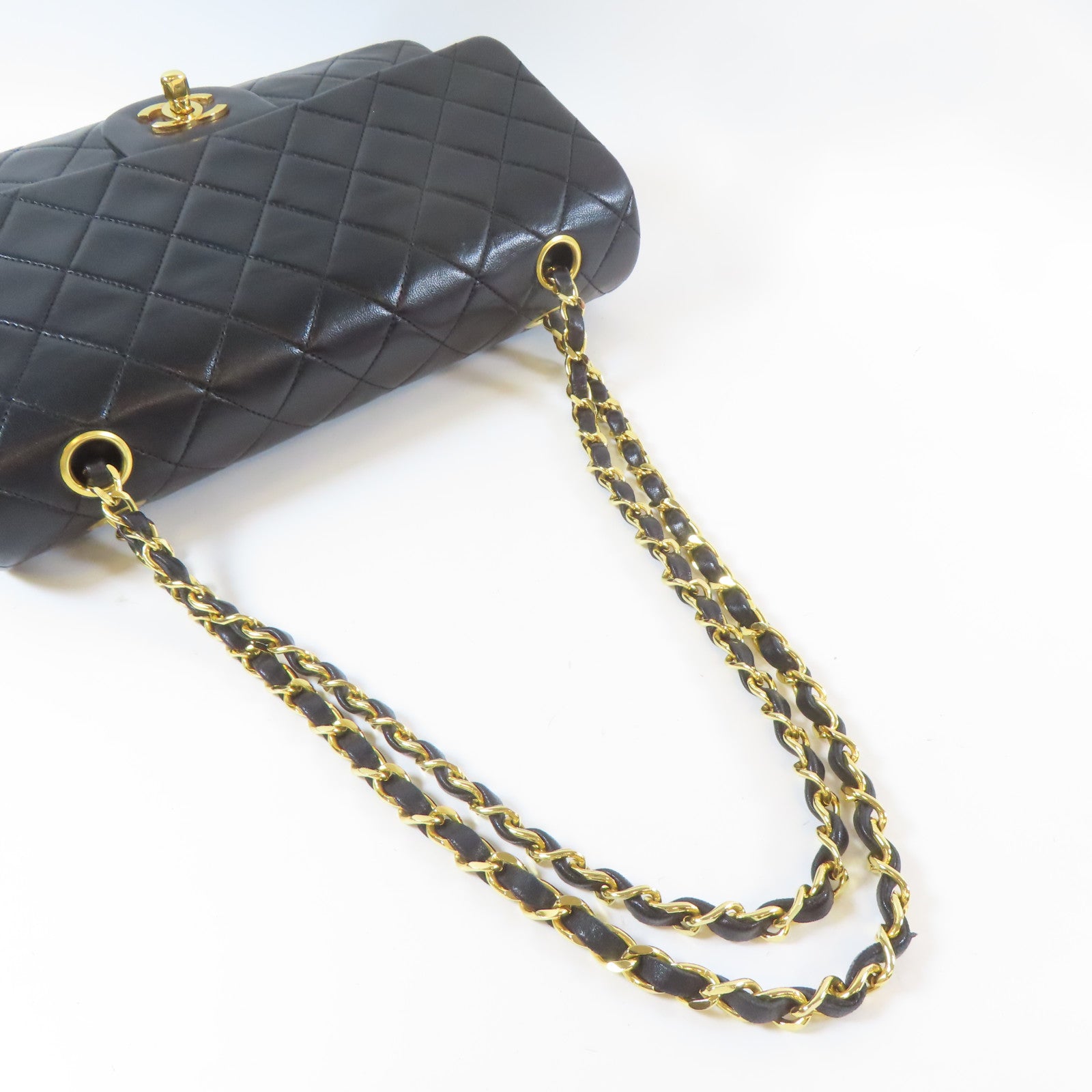 CHANEL 菱格羊皮皮革Chain Shoulder金扣鏈帶肩背袋黑色