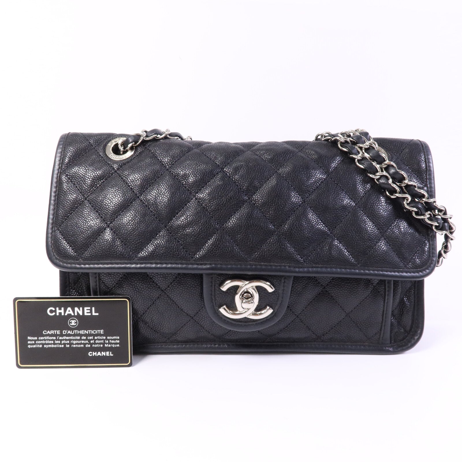 CHANEL 牛皮皮革Chain Shoulder銀扣鏈帶肩背袋