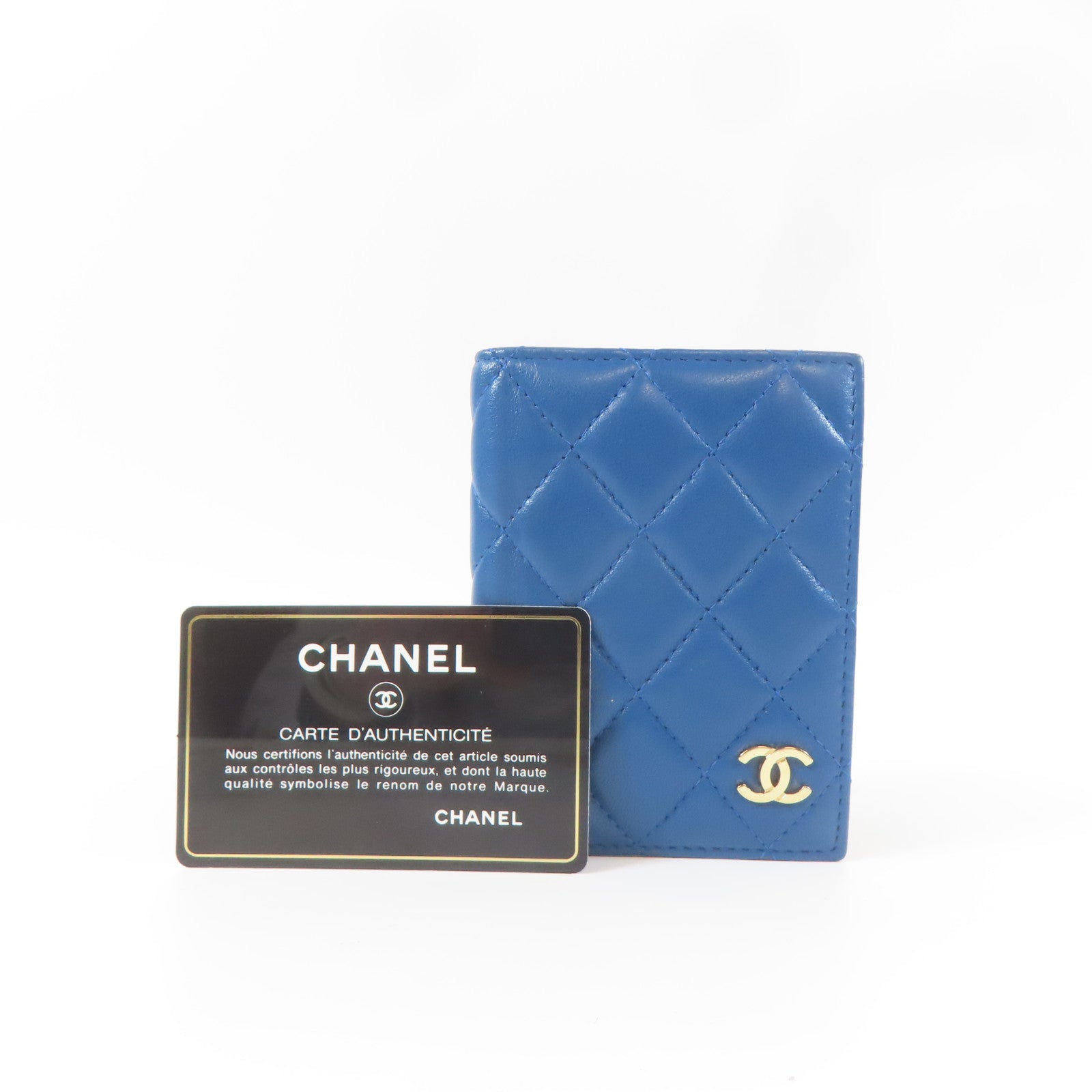 CHANEL 菱格羊皮皮革Card Case金扣卡片套藍色