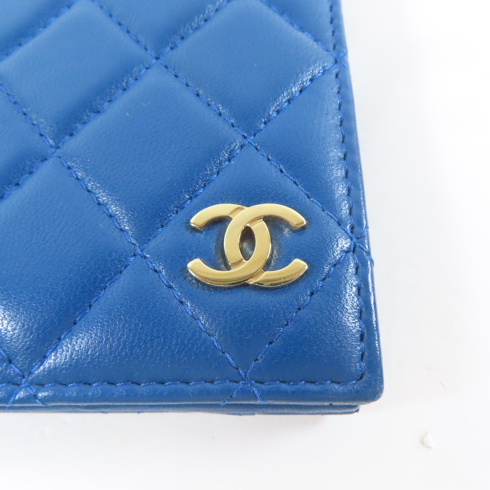CHANEL 菱格羊皮皮革Card Case金扣卡片套藍色