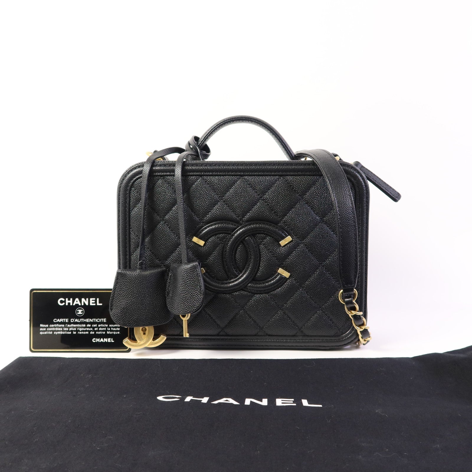 CHANEL 牛皮皮革Filigree Vanity Case Medium金扣手挽肩背兩用袋