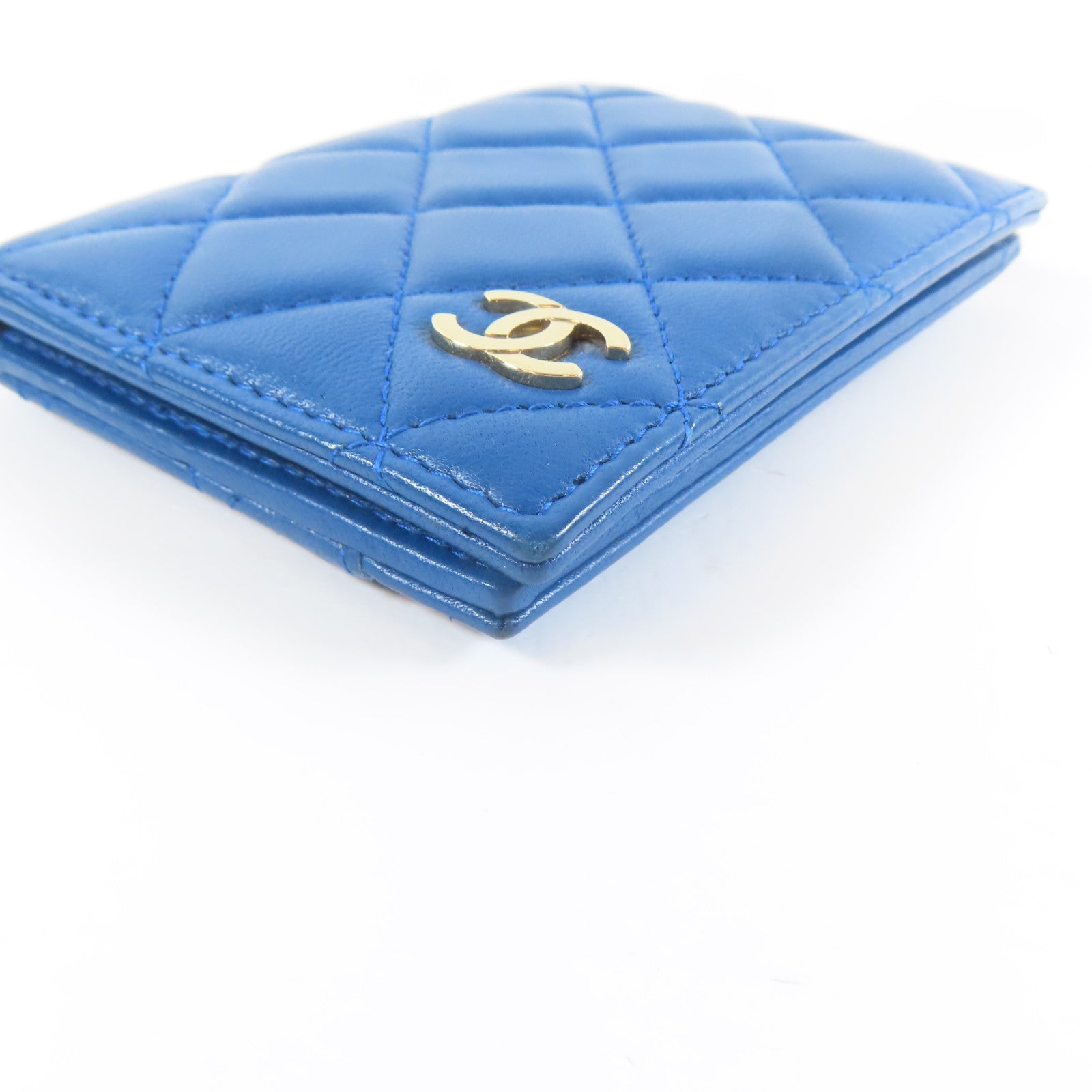 CHANEL 菱格羊皮皮革Card Case金扣卡片套藍色