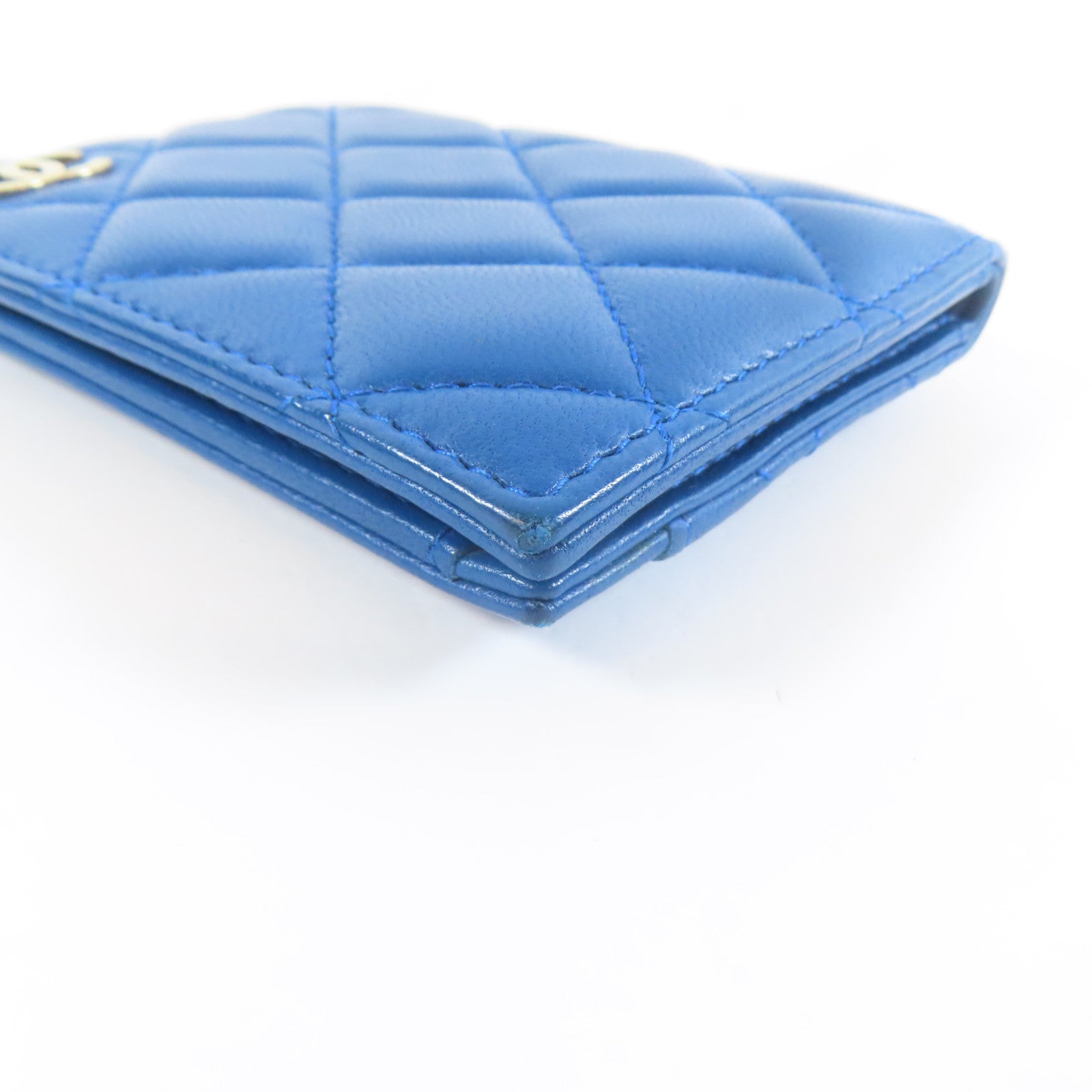 CHANEL 菱格羊皮皮革Card Case金扣卡片套藍色