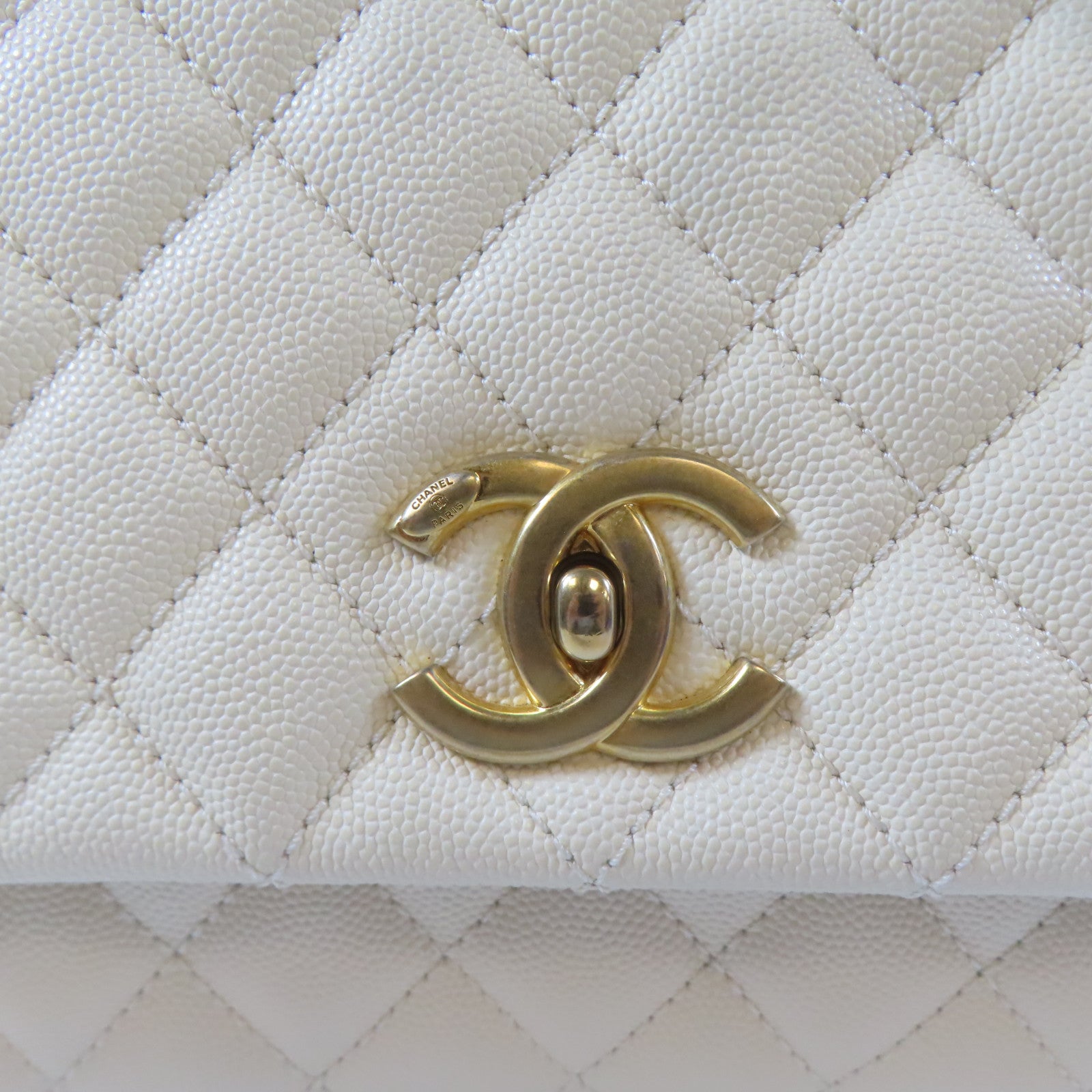 CHANEL 【激減優惠】菱格牛皮皮革Coco Handle金扣鏈帶手挽肩背兩用袋白色