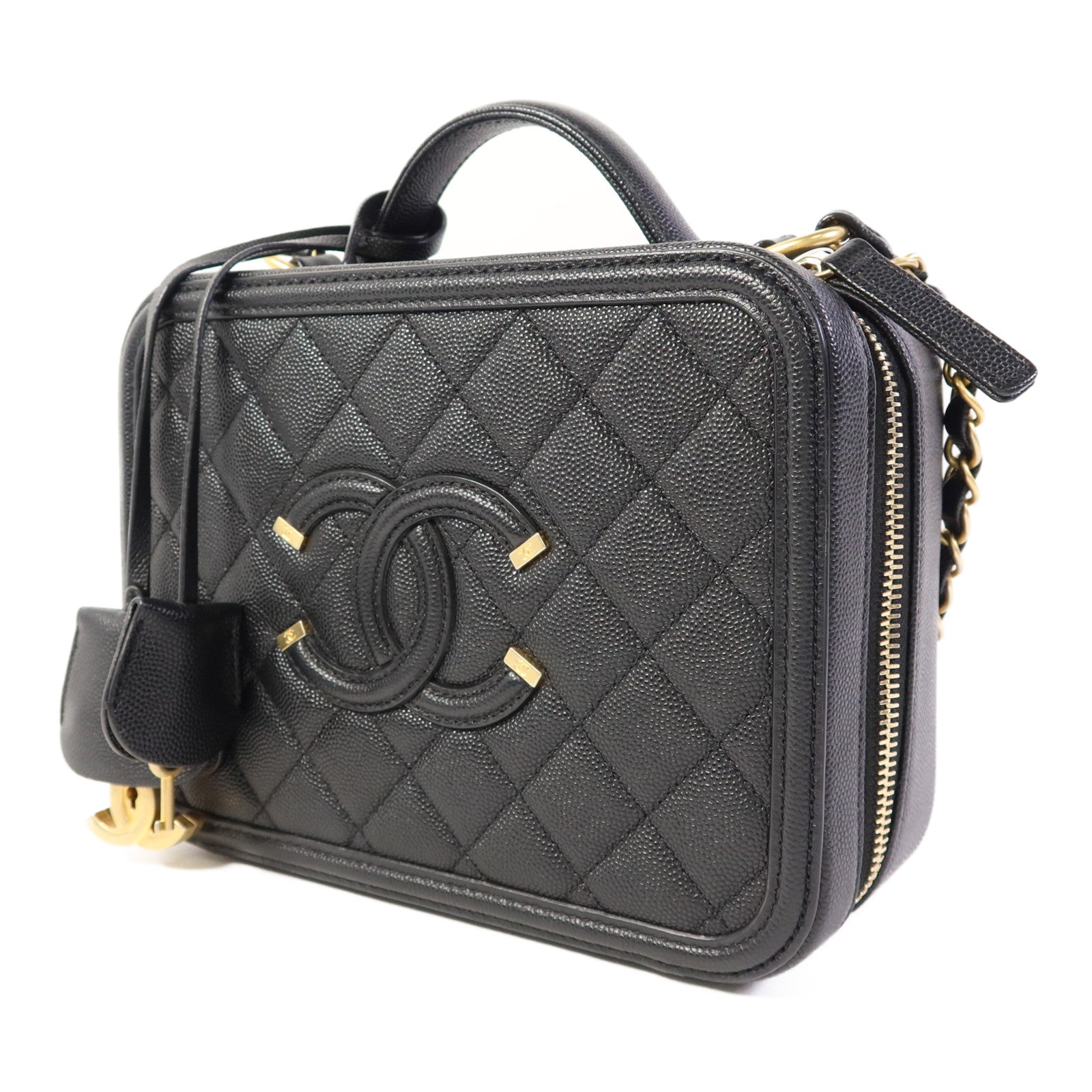 CHANEL 牛皮皮革Filigree Vanity Case Medium金扣手挽肩背兩用袋