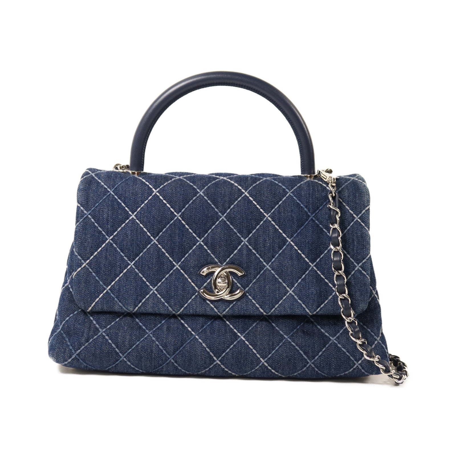 CHANEL 牛仔布Coco Handlec銀扣鏈帶手挽肩背兩用袋
