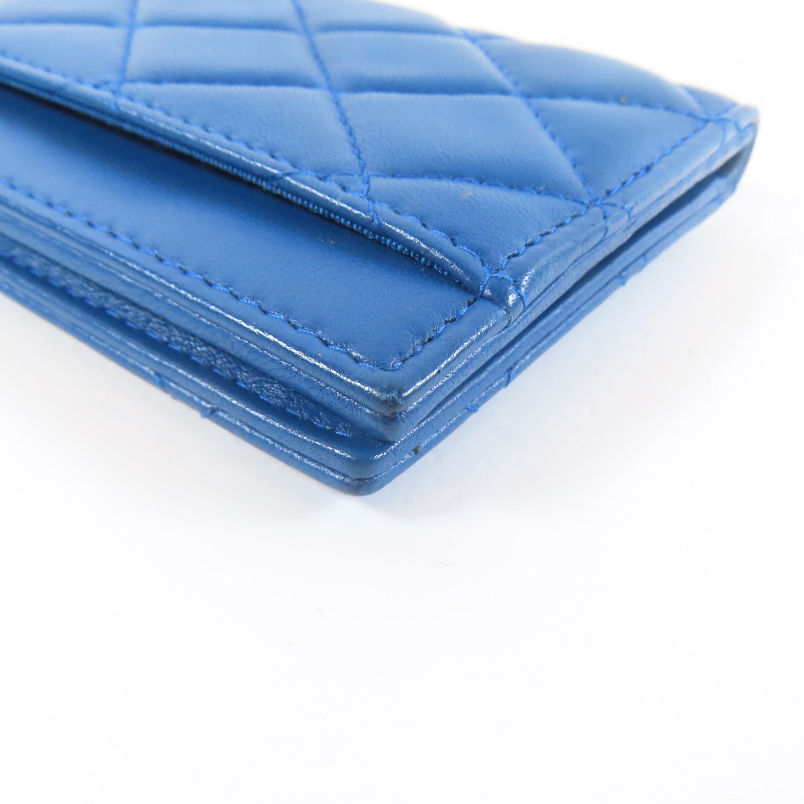 CHANEL 菱格羊皮皮革Card Case金扣卡片套藍色